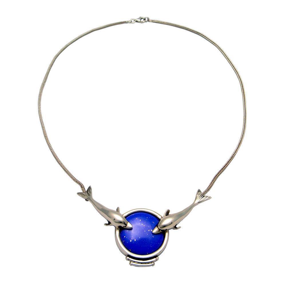 Minoan Dolphins Lapis Lazuli Sterling Silver Necklace (PE-14)