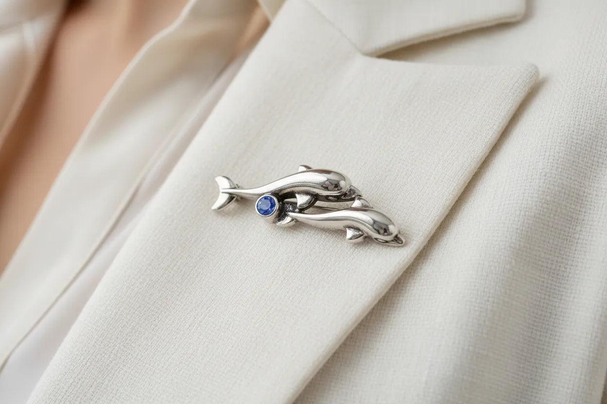 Minoan Zircon Dolphins Brooch in sterling silver with zircon (K-67)