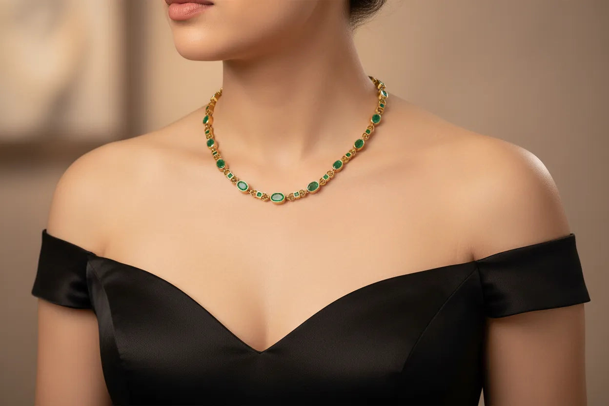 Necklace in 18k gold Perforated with Zambian emeralds