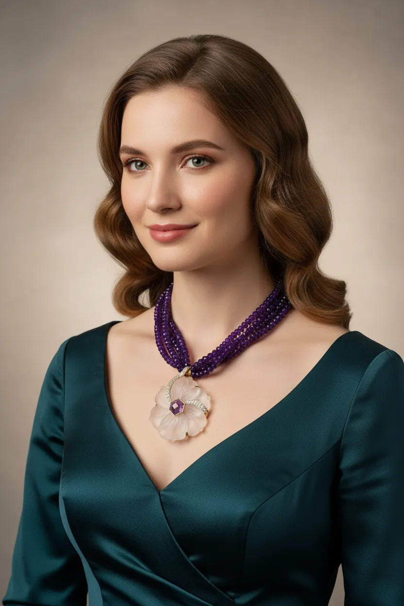 Necklace in 18k gold Rock crystal flower with diamonds and amethyst