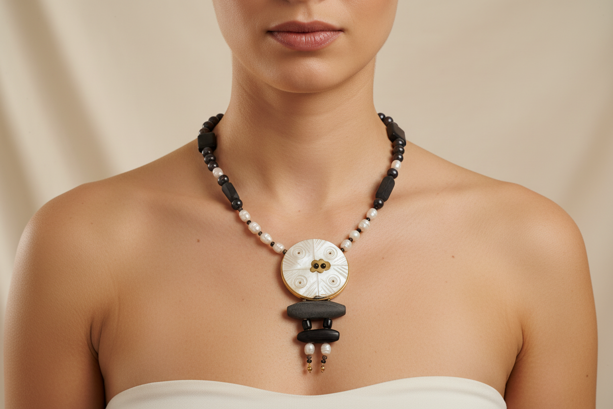 Necklace in 18k gold with Black Obsidian and Pearls