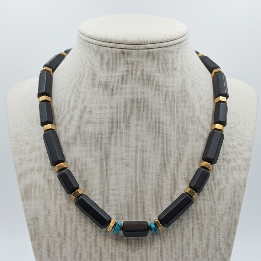 Necklace in 18k gold with Black Obsidian and Turquoise stones
