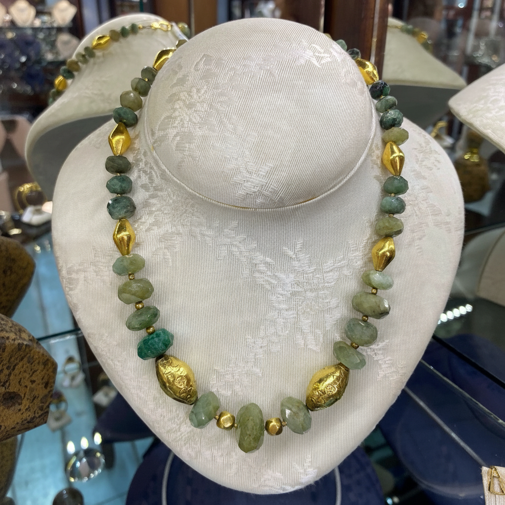 Necklace in 22k Gold with Raw Emerald stones