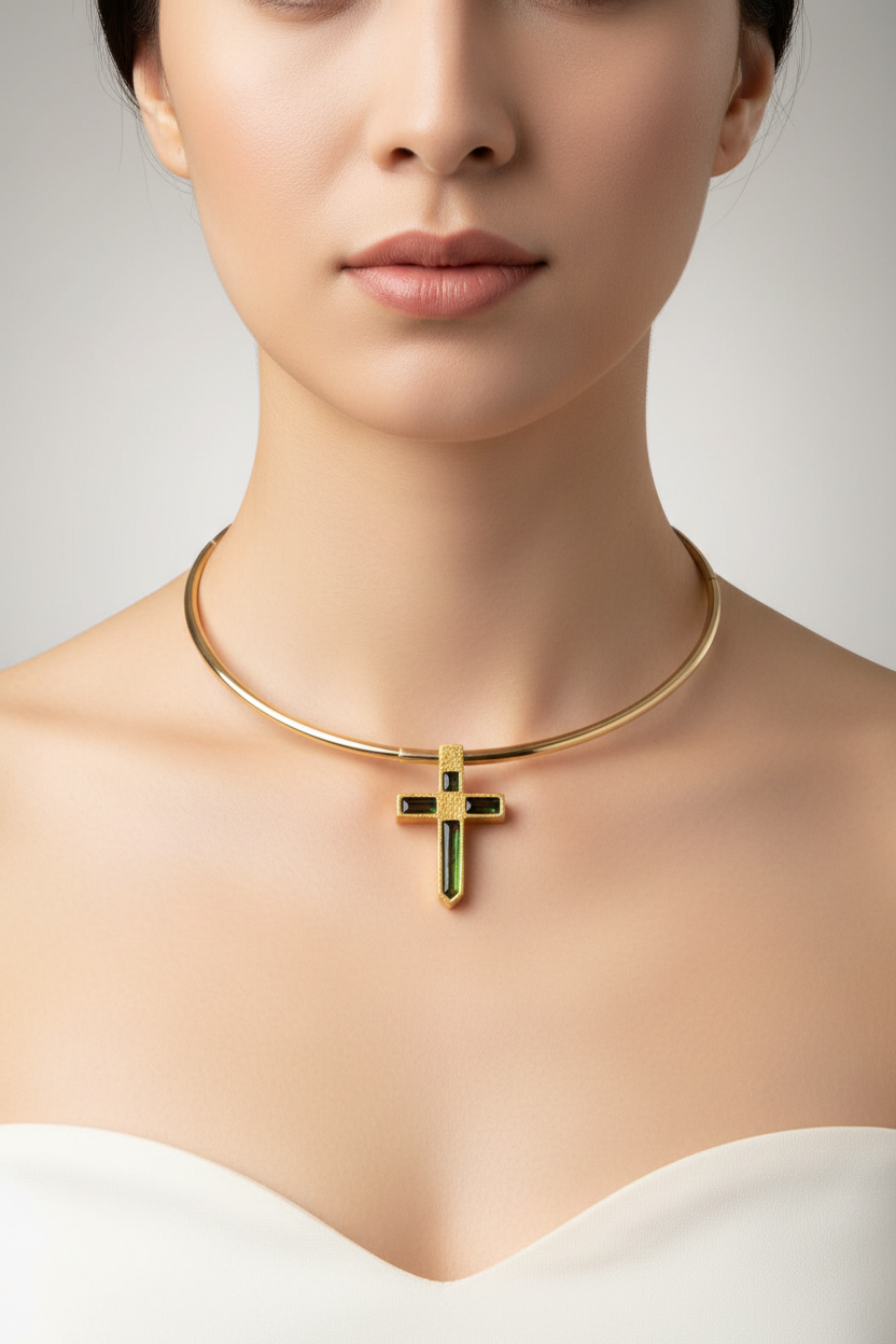 Necklace in Gold 14k & Green Tourmaline in 18k gold Cross