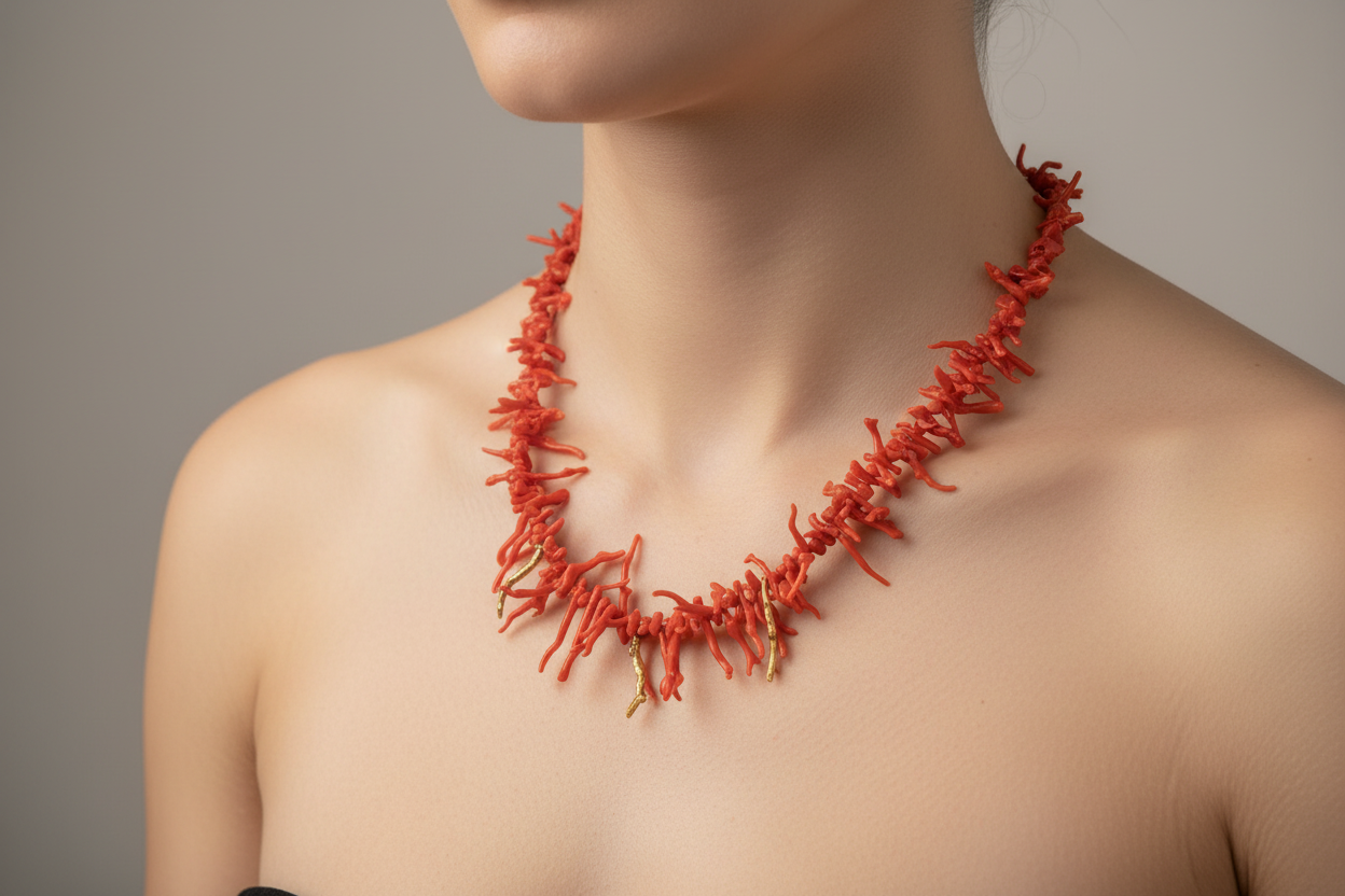 Necklace in Mediterranean Red Coral Gemstones & 18k gold elements
