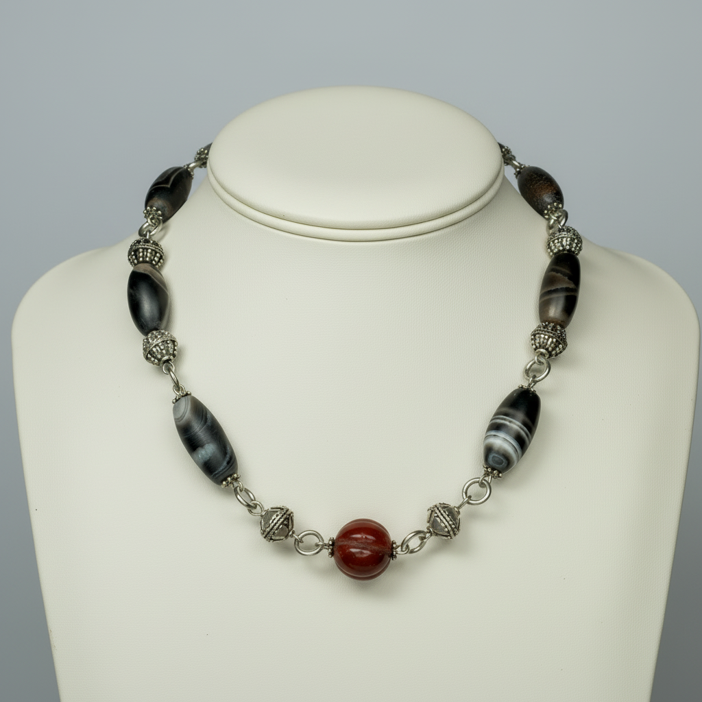 Necklace in Sterling Silver with Carnelian and Old Sardonyx