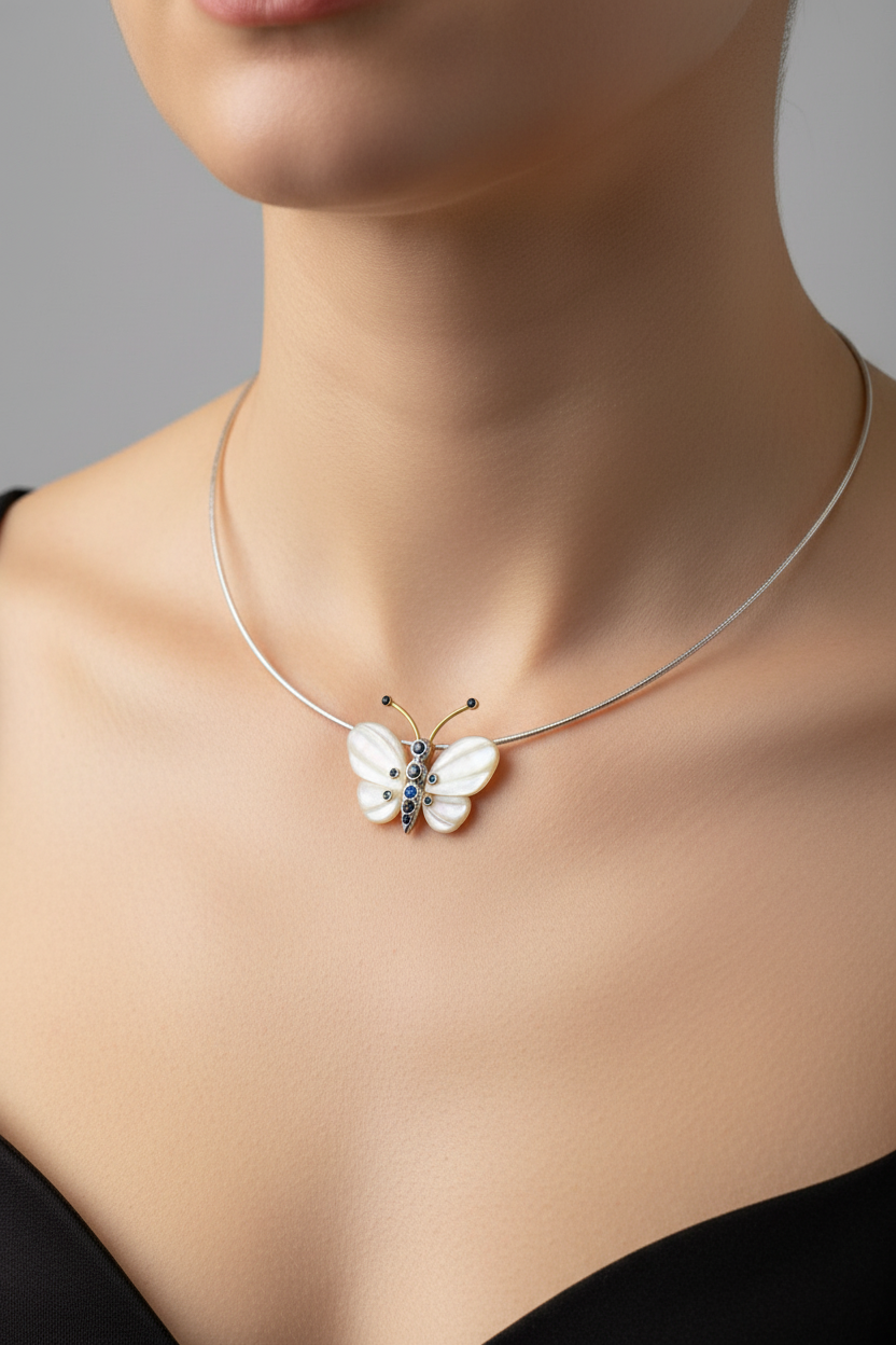 Necklace in handmade gold chain, Butterfly with Mother of Pearl, Black Brilliants and Sapphires