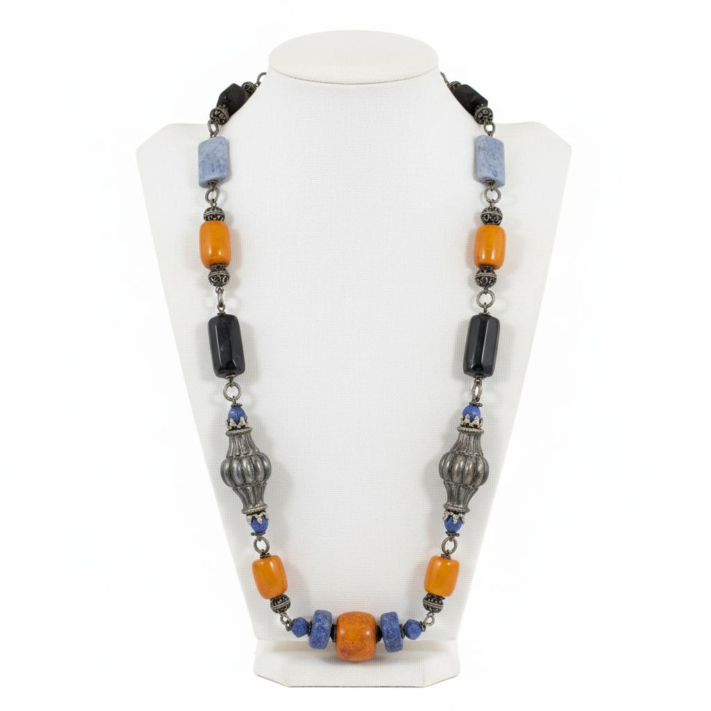 Necklace in sterling silver with Amber, Lapis Lazuli, Onyx