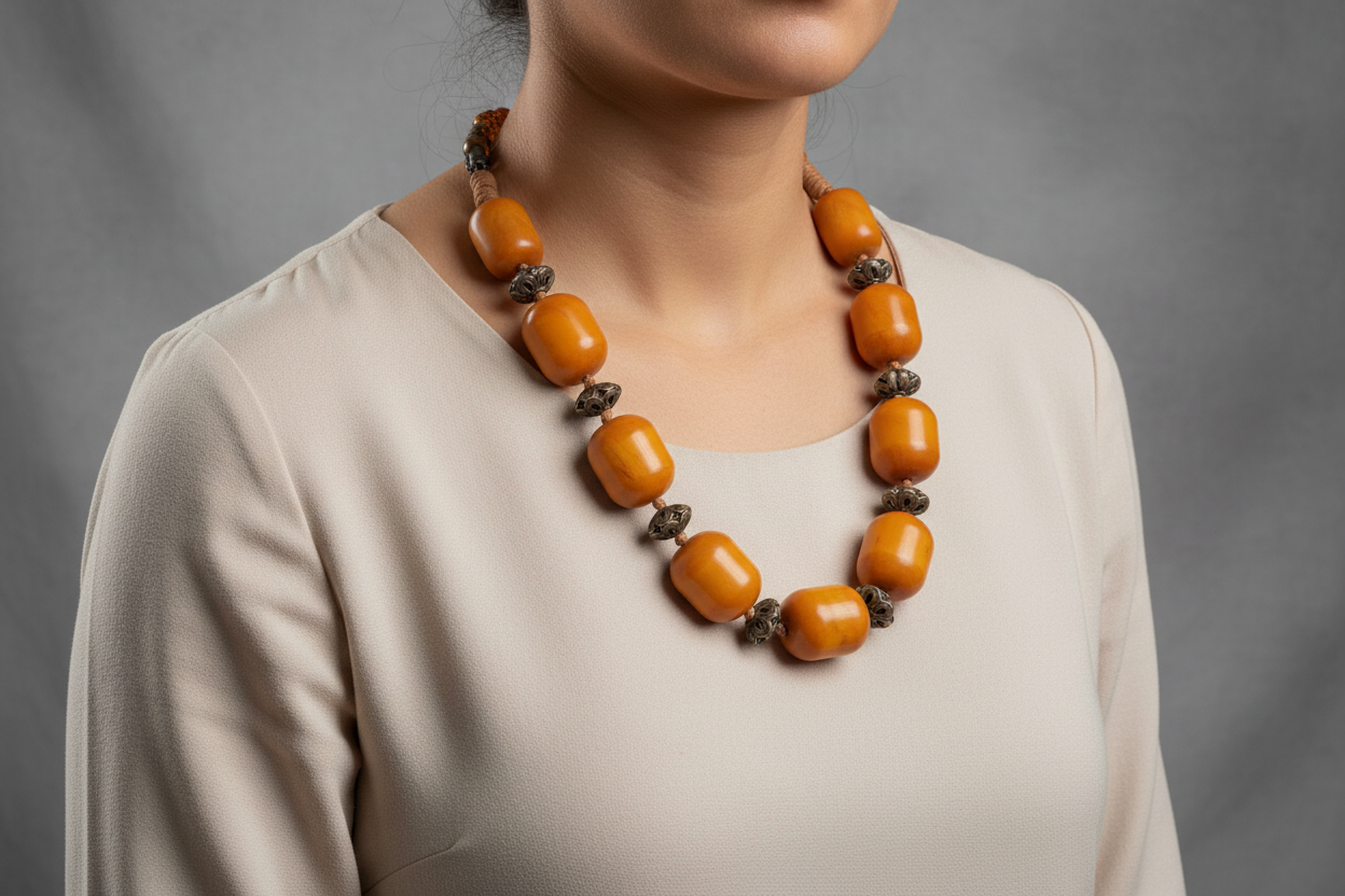 Necklace in sterling silver with old amber