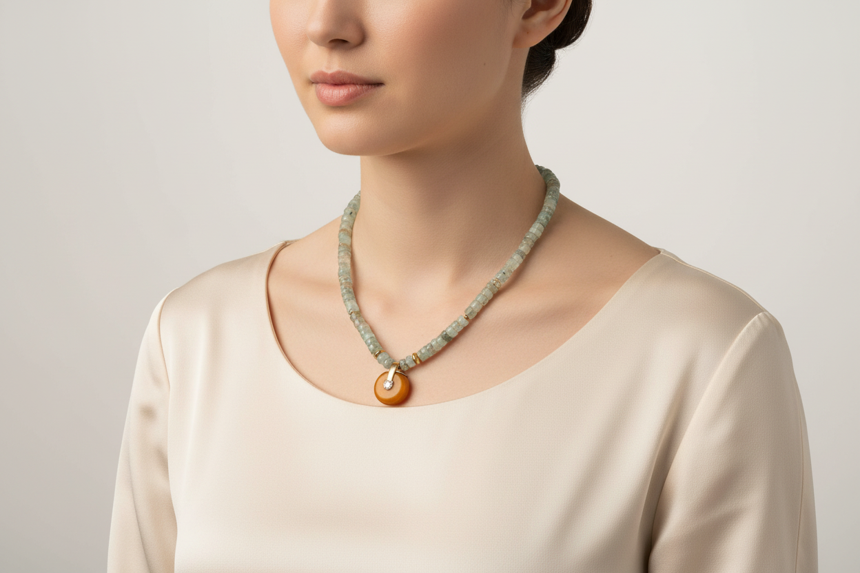 Necklace with Aquamarine gemstones, Amber medallion with diamonds and gold 18k elements