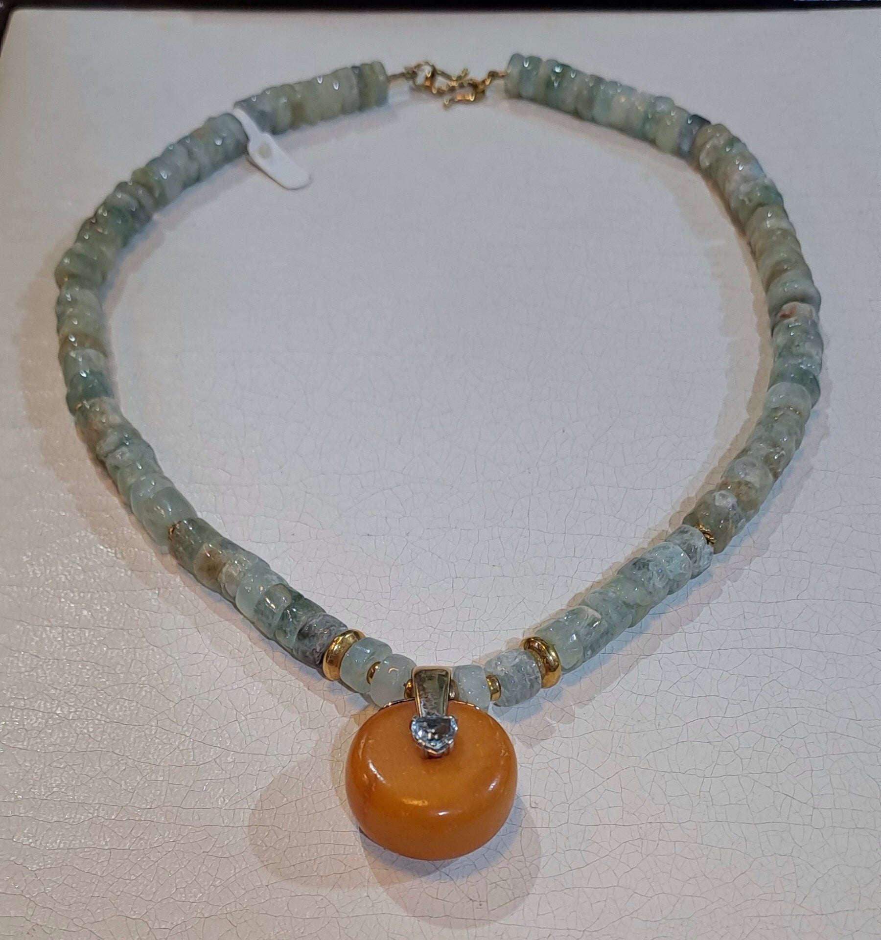 Necklace with Aquamarine gemstones, Amber medallion with diamonds and gold 18k elements - Dinos-Virginia