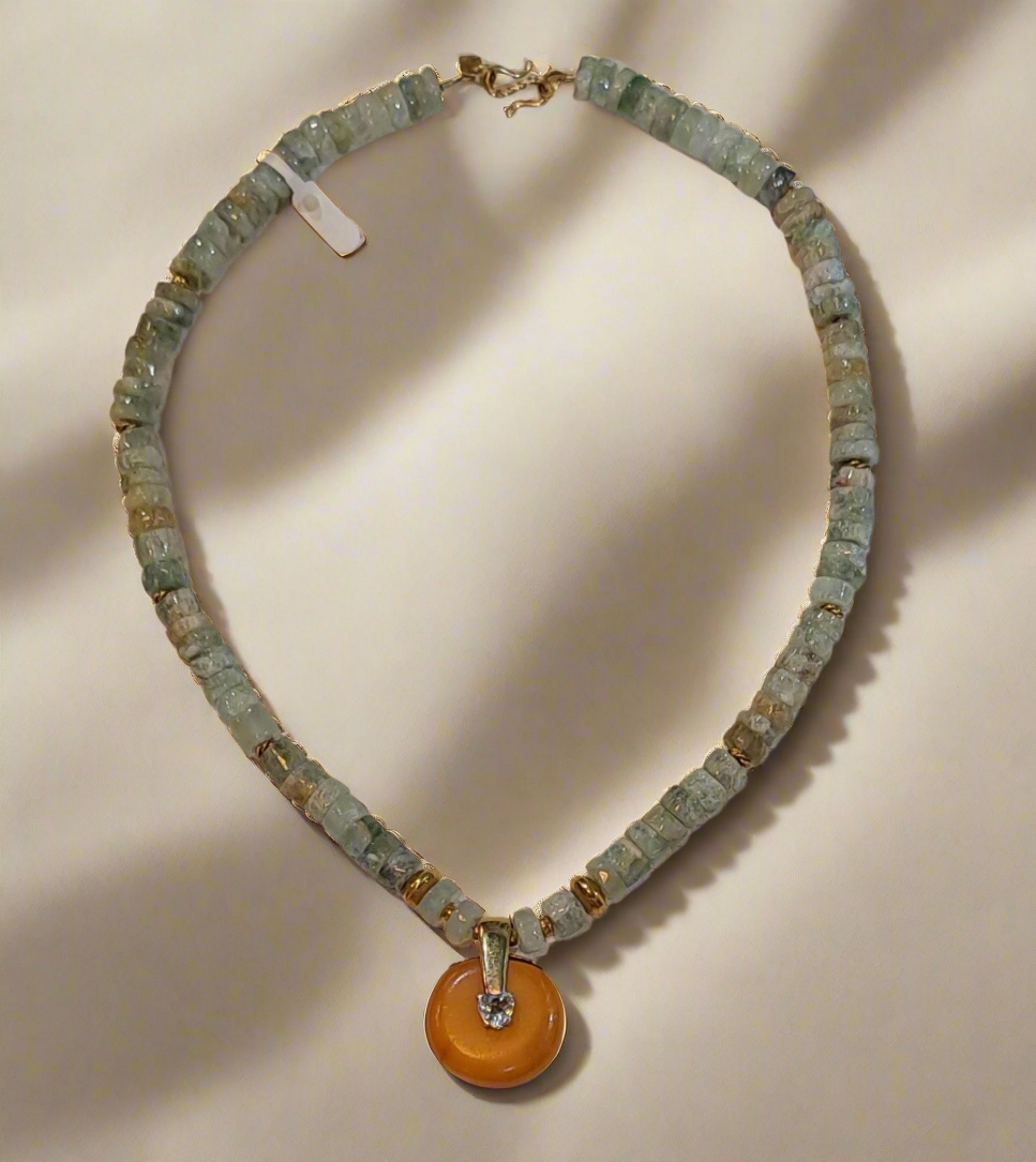 Necklace with Aquamarine gemstones, Amber medallion with diamonds and gold 18k elements - Dinos-Virginia