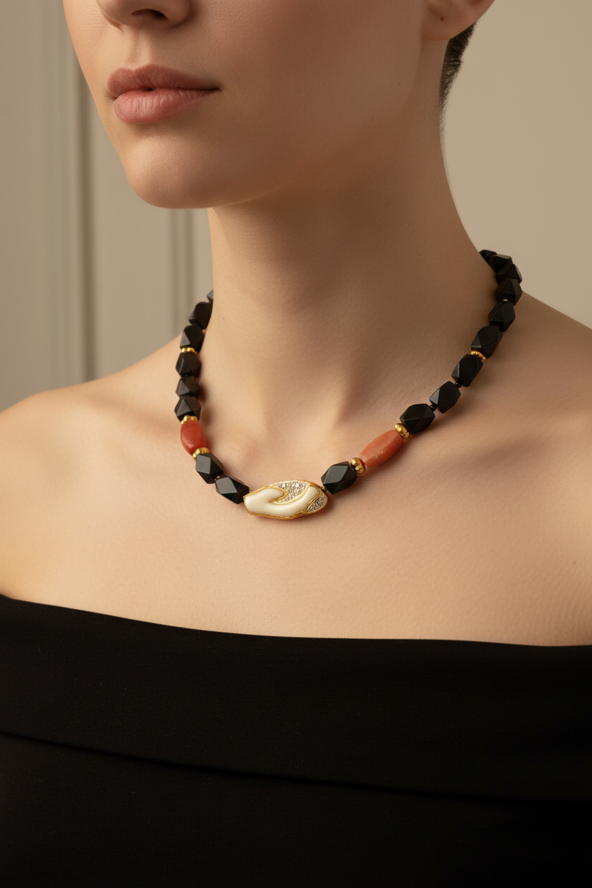 Necklace with Black Obsidian, Carnelian, Coral with Diamonds and 18k gold elements