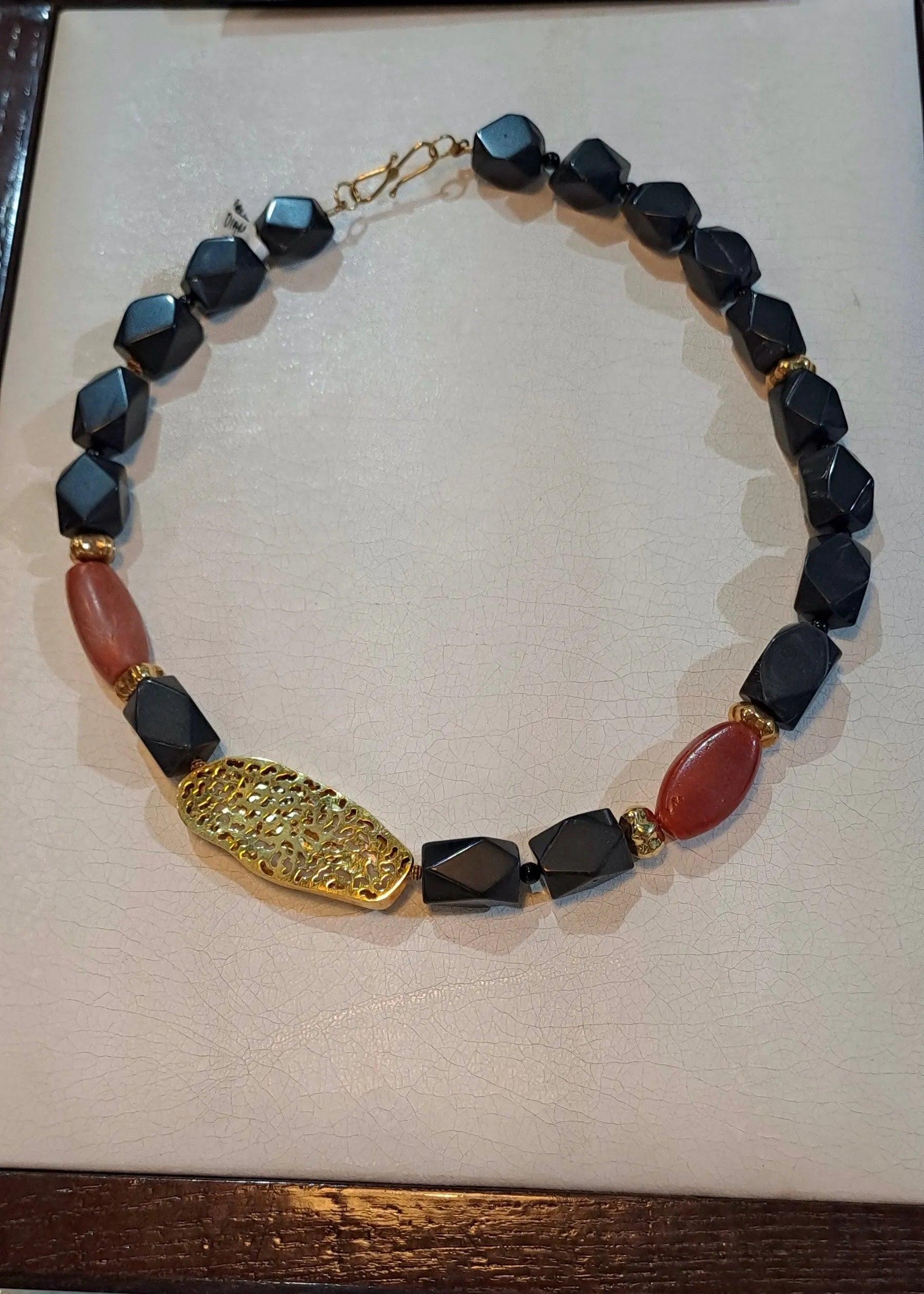 Necklace with Black Obsidian, Carnelian, Coral with Diamonds and 18k gold elements