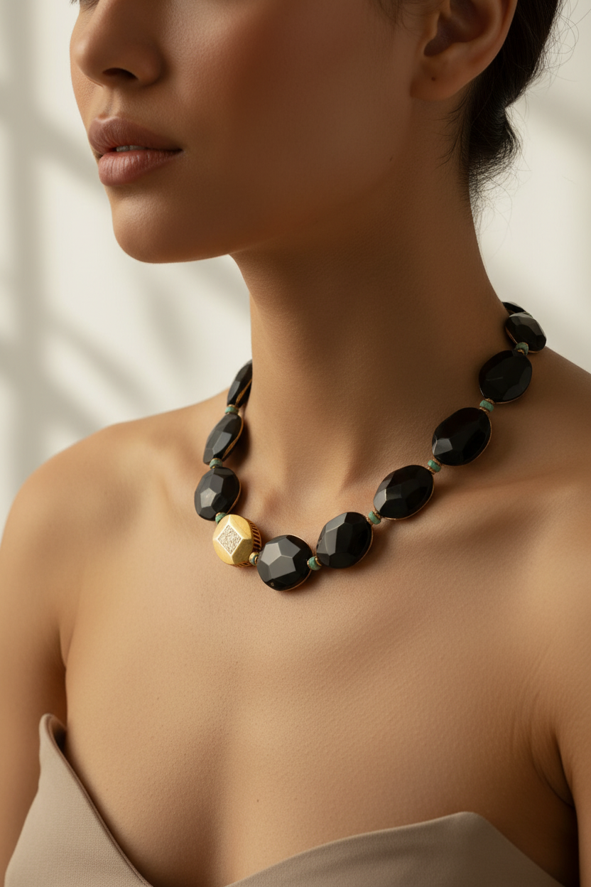 Necklace with Black Obsidian, Turquoise gemstones and diamonds in 18k gold elements
