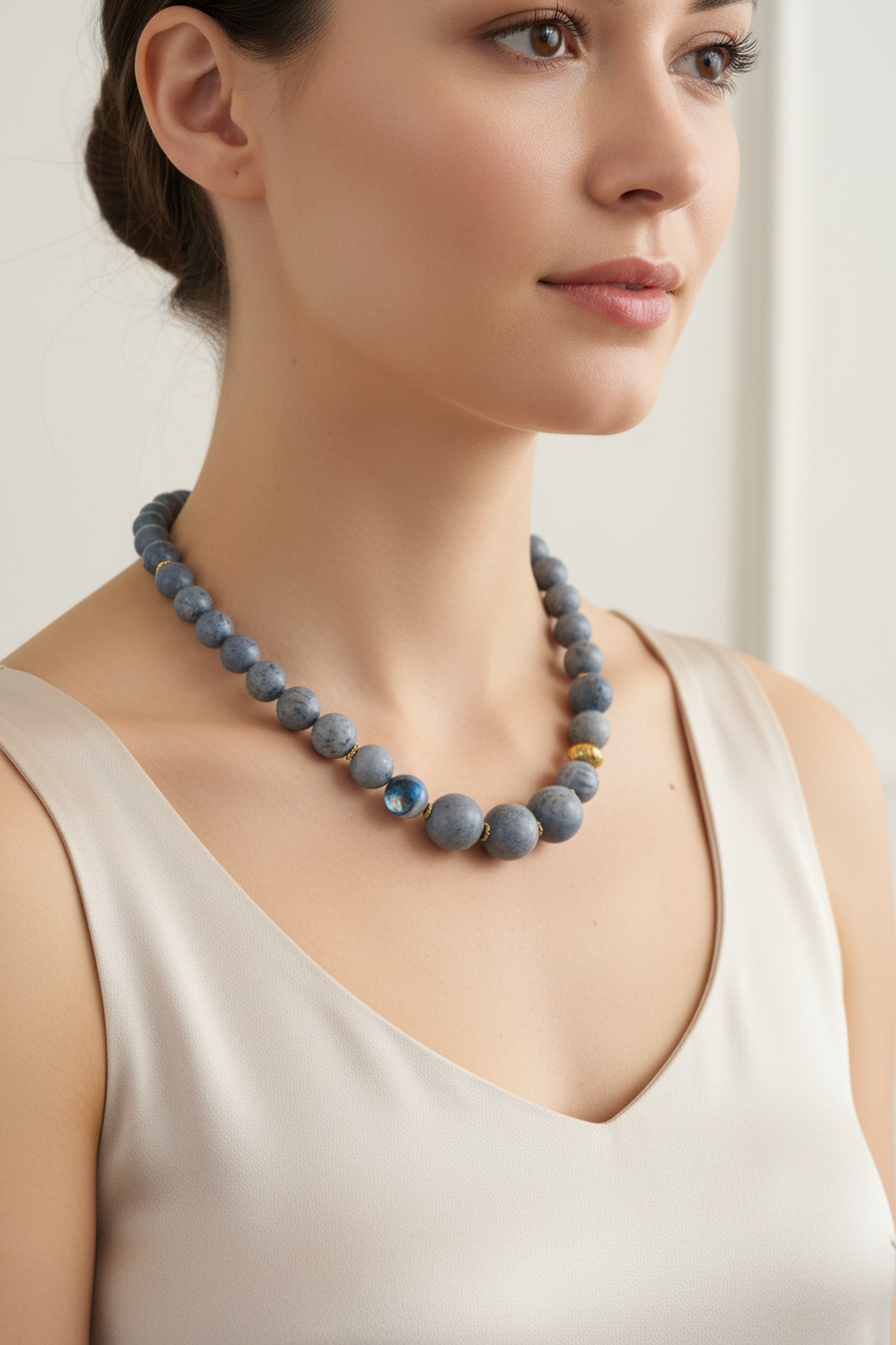 Necklace with Blue Coral (Acozi) stones and gold 18k elements