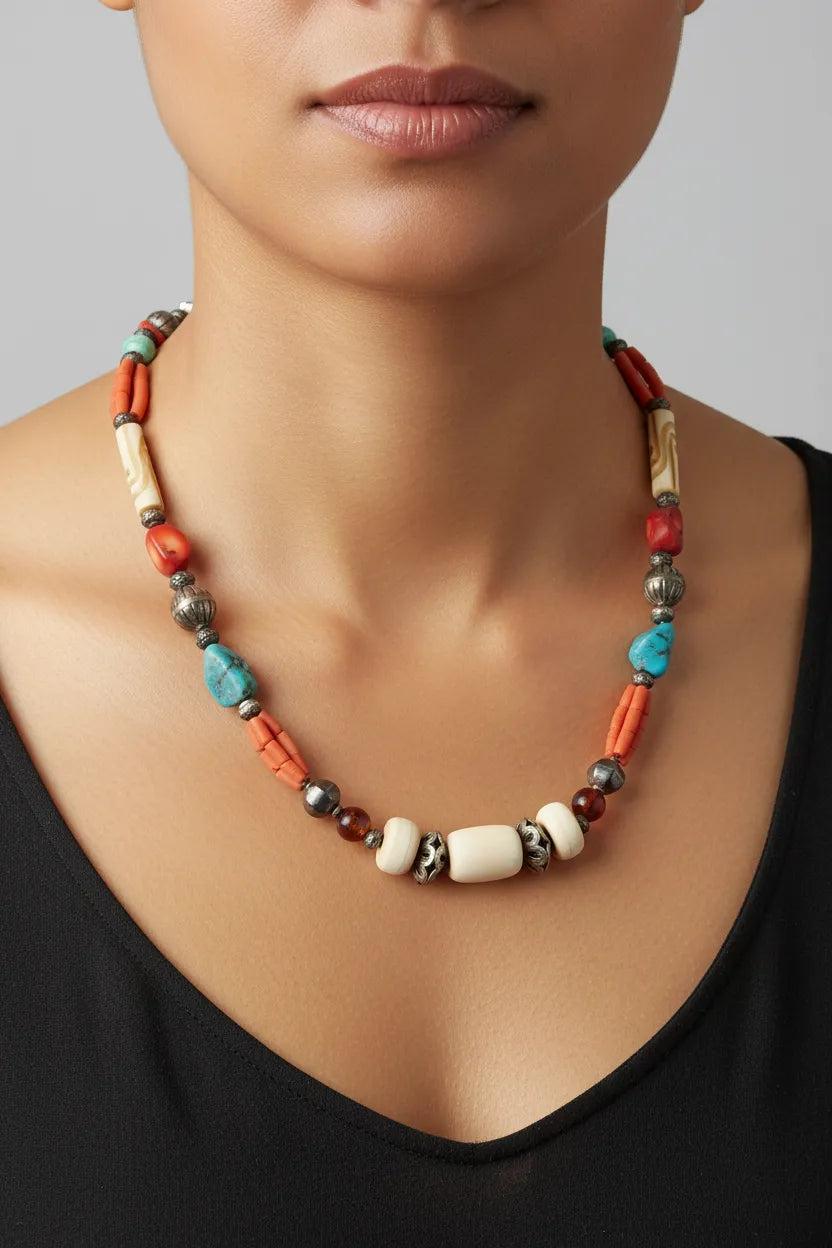 Necklace with Bone Stones amber corals turquoise stones and sterling silver