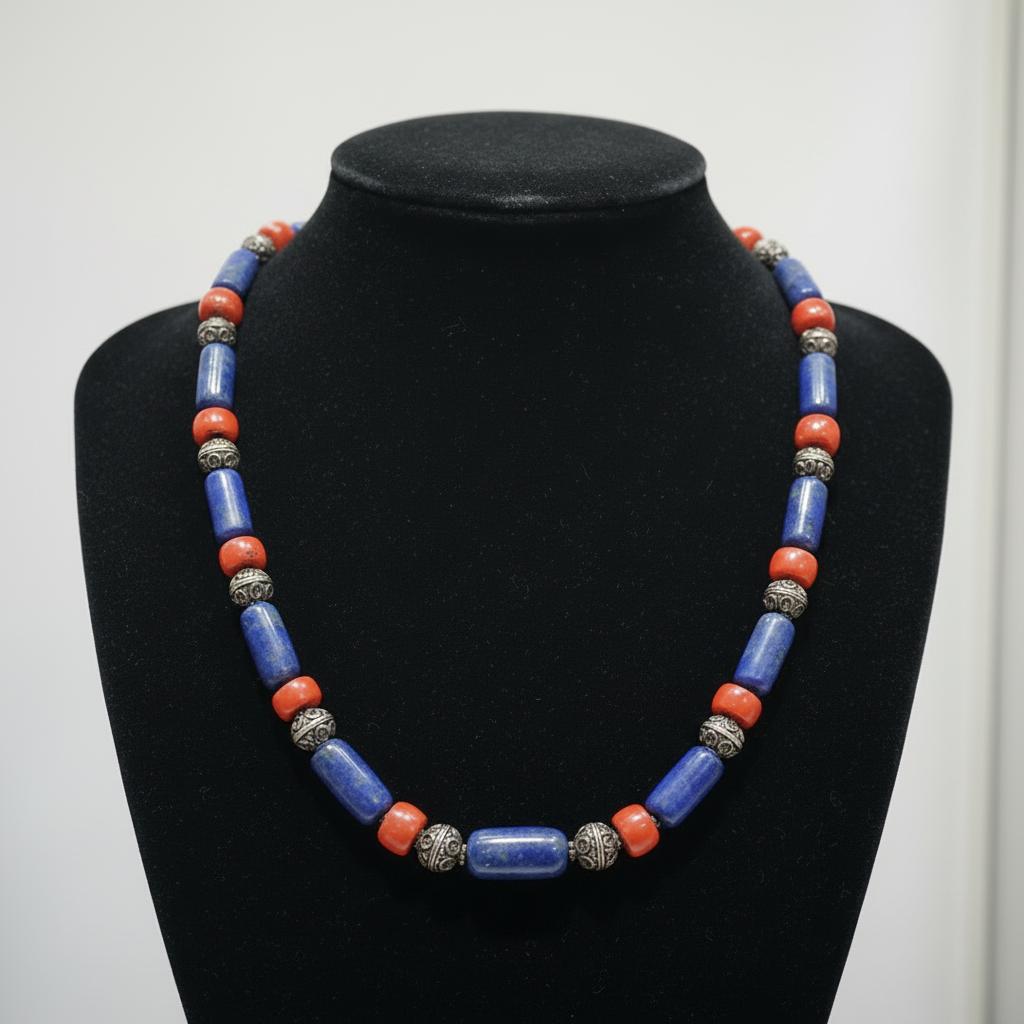 Necklace with Lapis Lazuli & Red Coral and sterling silver elements
