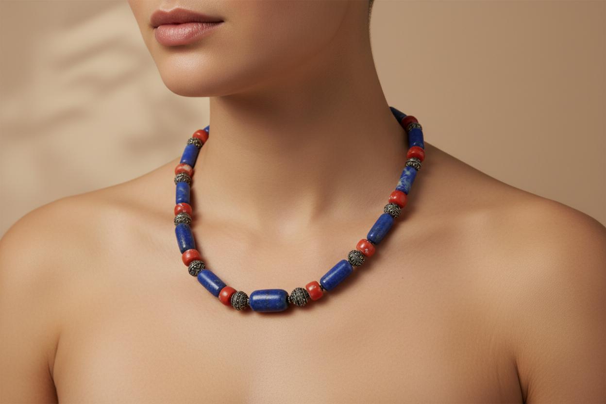 Necklace with Lapis Lazuli & Red Coral and sterling silver elements