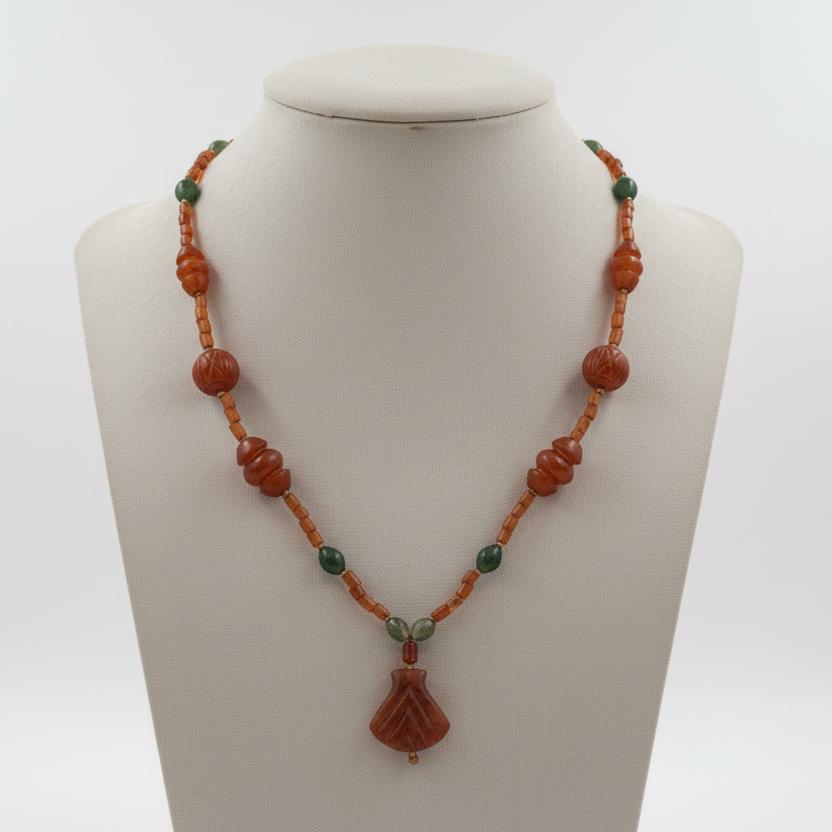 Necklace with Old Carnelian, Benzahir and gold 18k elements