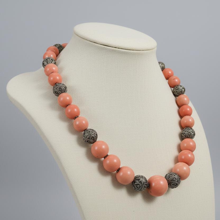 Necklace with Pink Coral Stones (Angel Skin) and Silver Elements