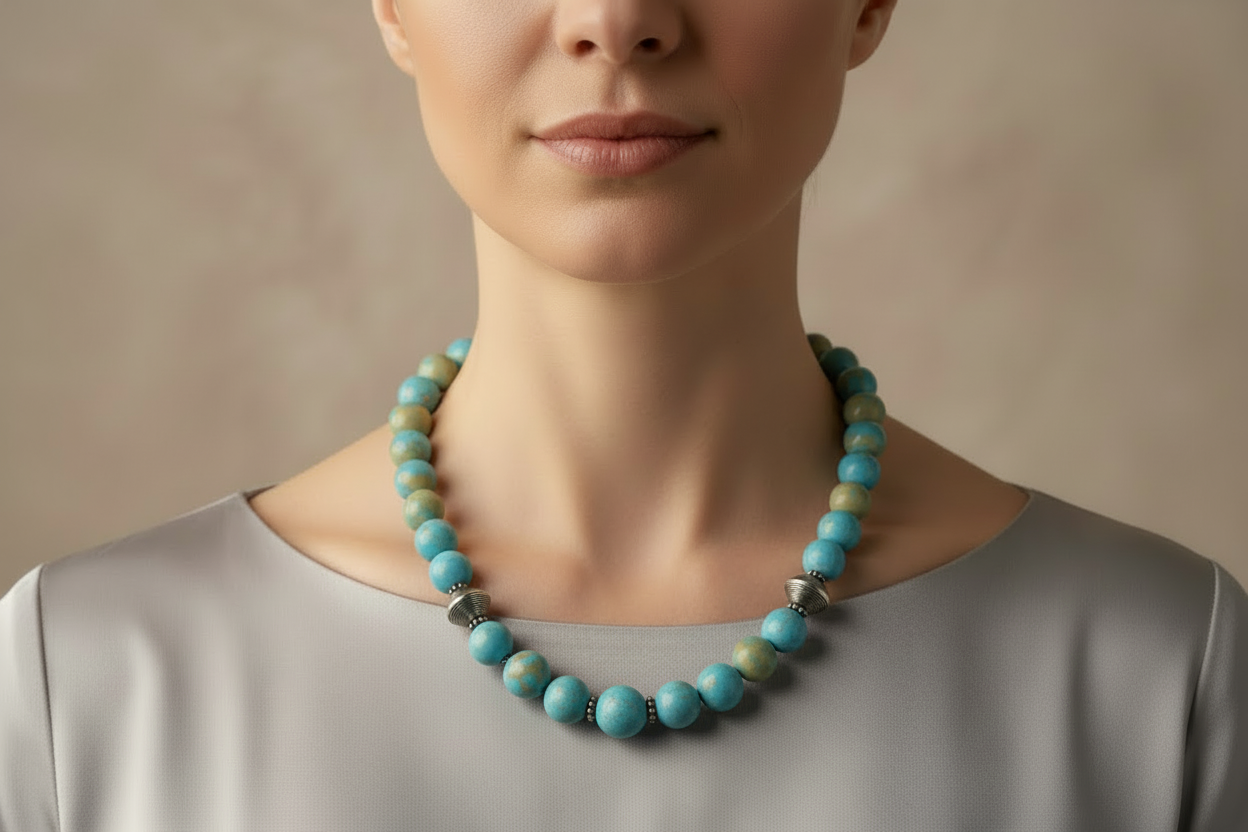 Necklace with turquoise beads and silver accents worn by a person against a neutral background