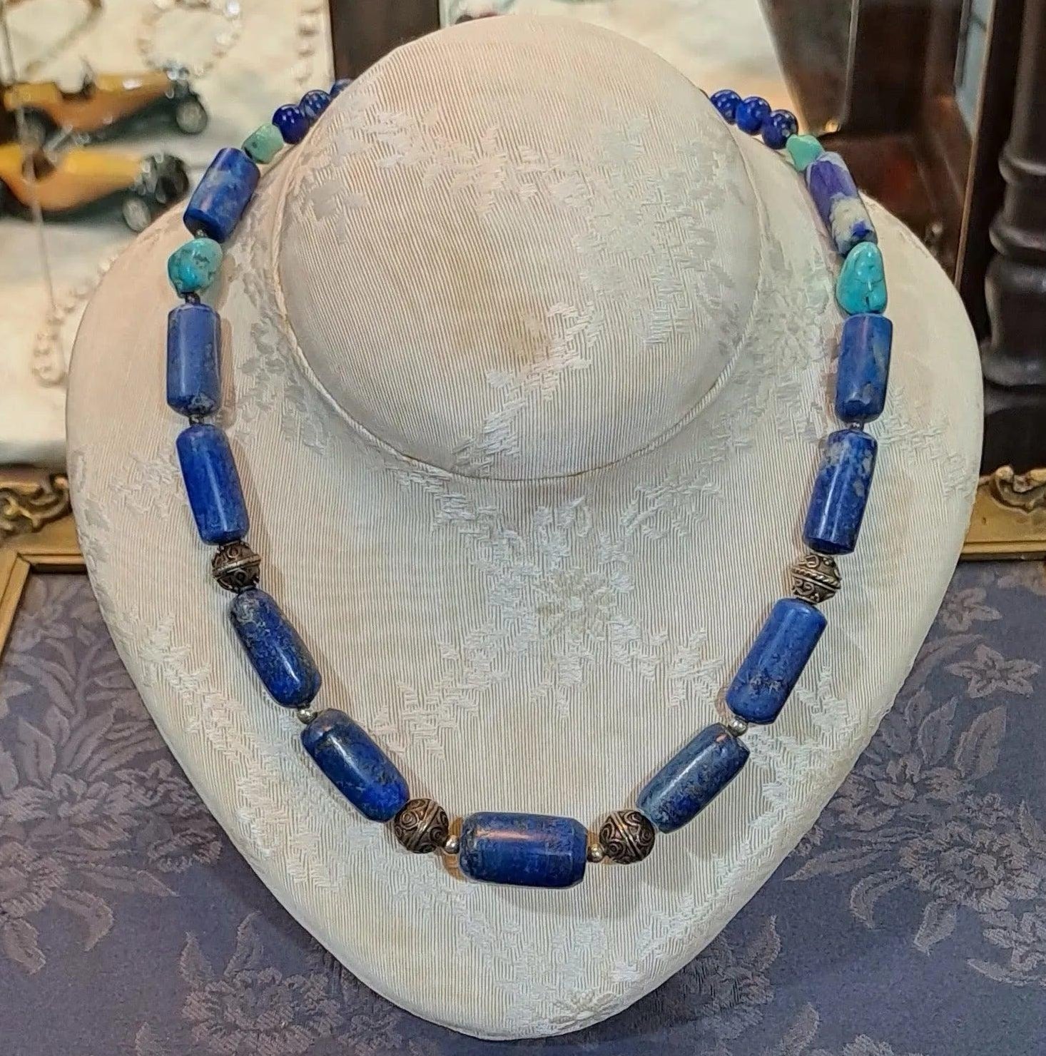 Necklace with old Lapis Lazuli & old Turquoise and sterling silver elements