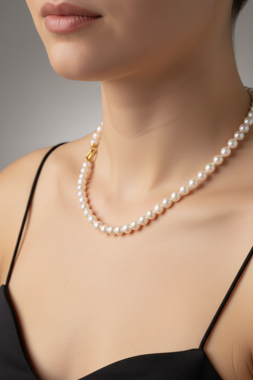 Pearl necklace worn by a model against a neutral background