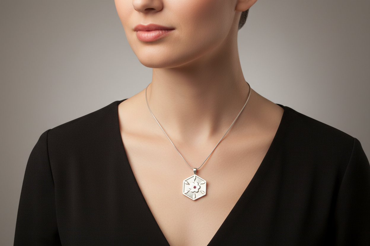 Pendant in Sterling Silver and 14k Gold with a round ruby stone