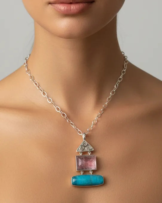 Pendant in Sterling silver with Kunzite and Turquoise stones, Raw Crystal Diamond