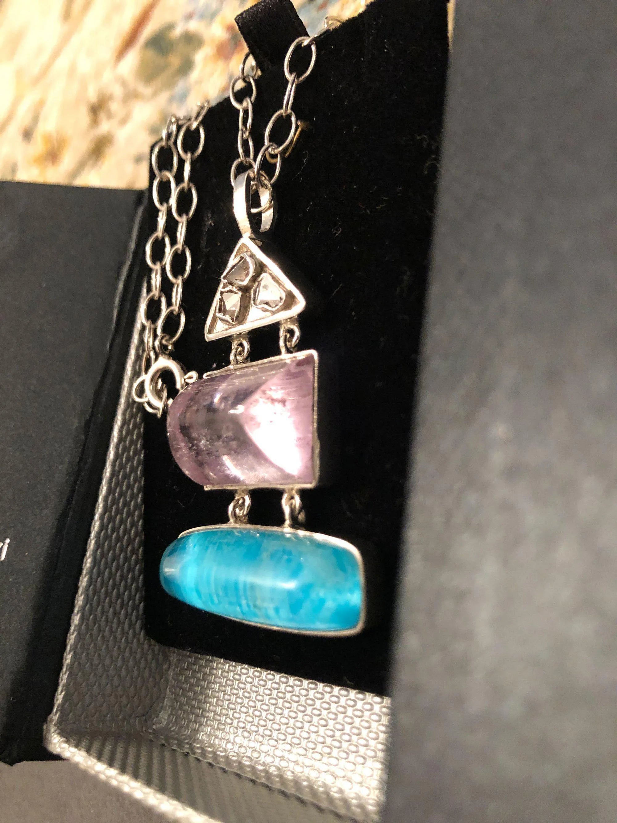 Pendant in Sterling silver with Kunzite and Turquoise stones, Raw Crystal Diamond