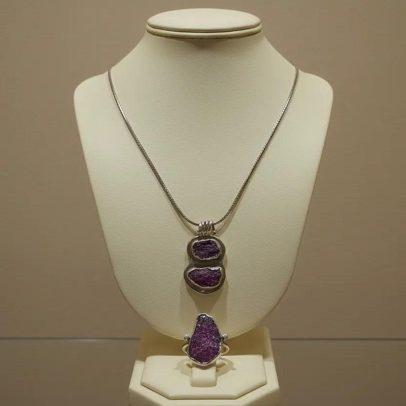 Pendant in sterling silver with Raw Purple Diopside and old chain