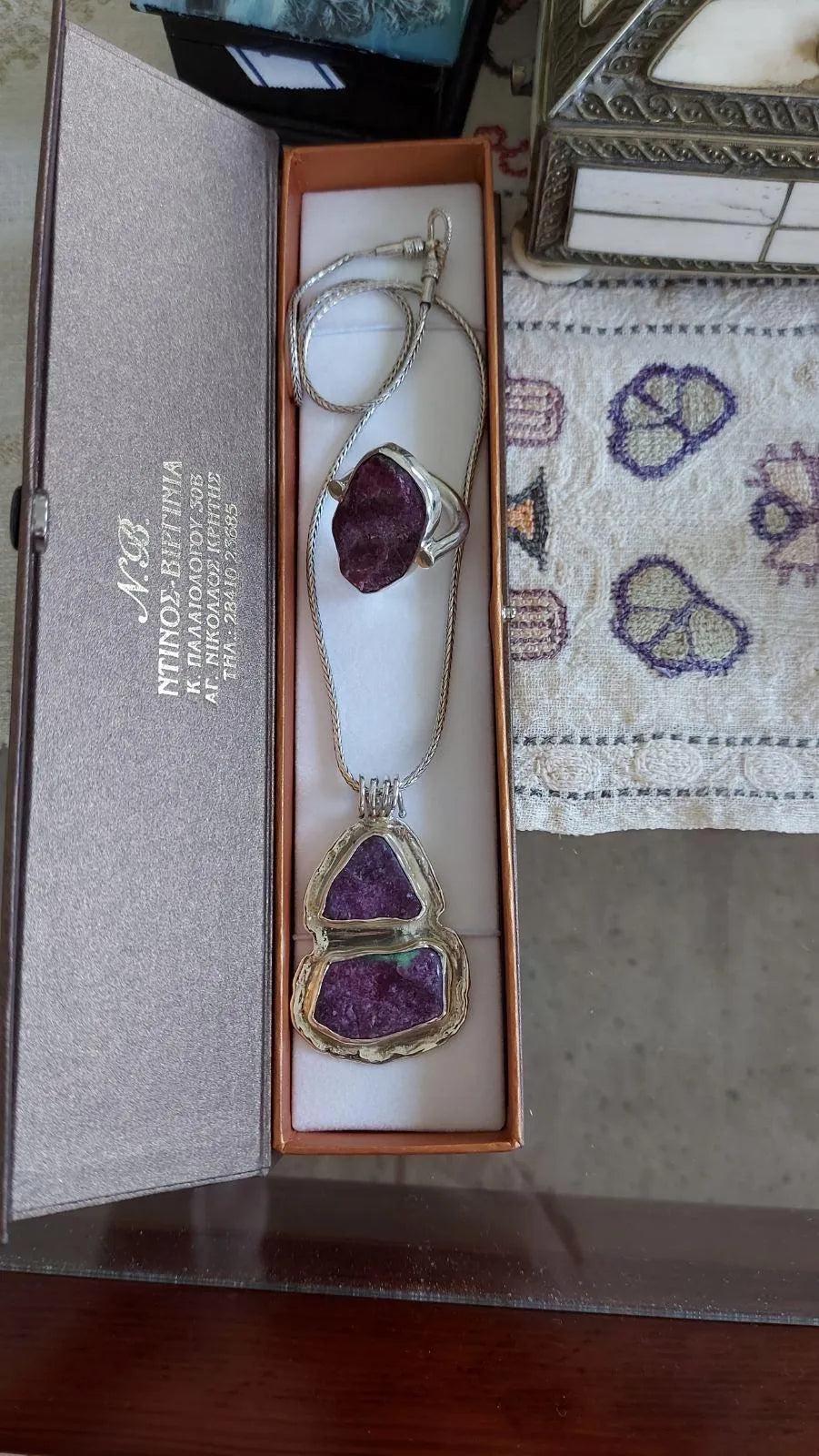 Pendant in sterling silver with Raw Purple Diopside and old chain