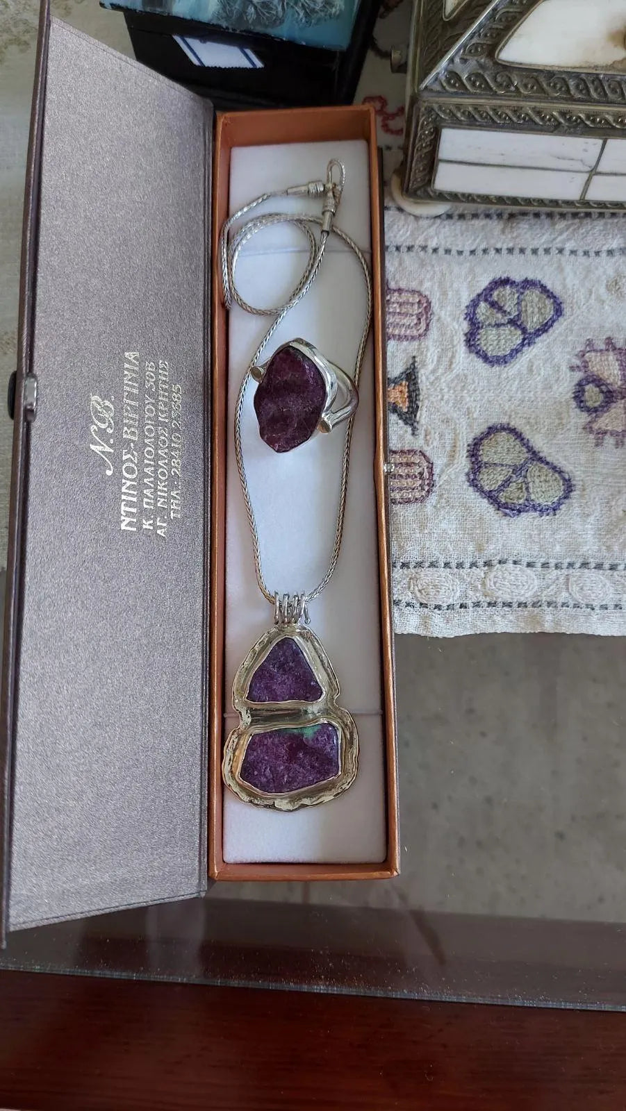 Pendant in sterling silver with Raw Purple Diopside and old chain