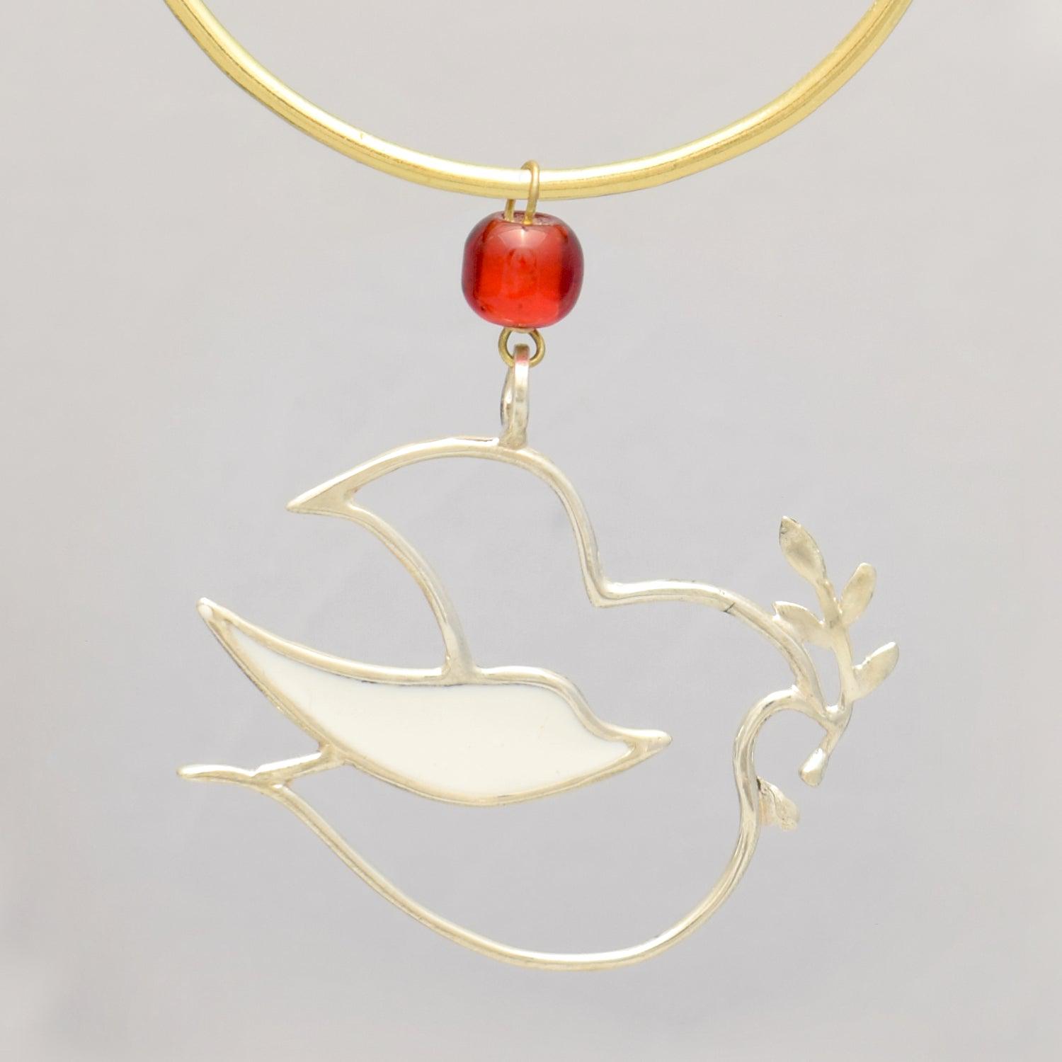 Christmas Decoration, Pigeon Charm on plexiglass, silver charm with bronze leaves, home decor, gift idea, charm favor (PX-06)