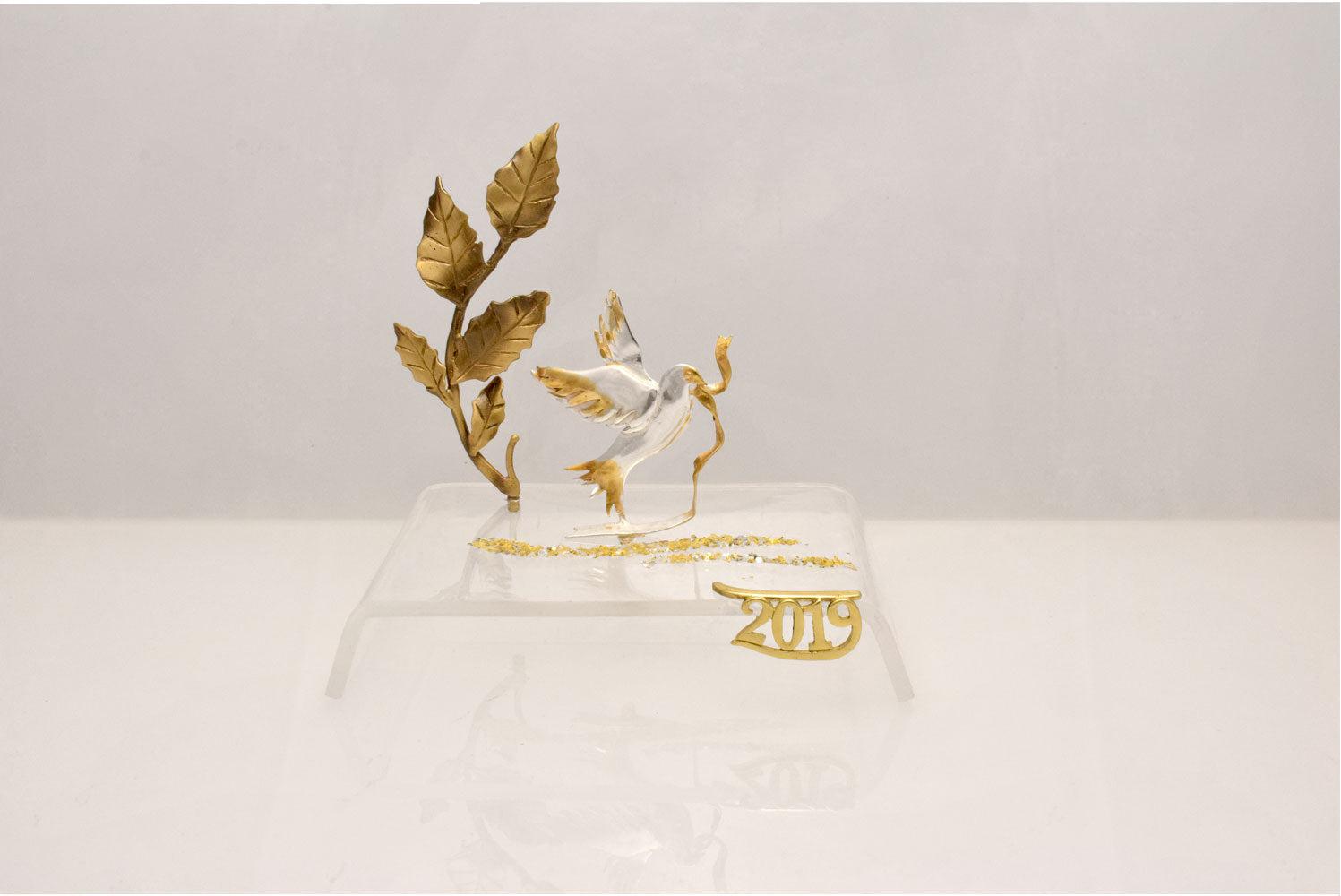 Christmas Decoration, Pigeon Charm on plexiglass, silver charm with bronze leaves, home decor, gift idea, charm favor (PX-06)