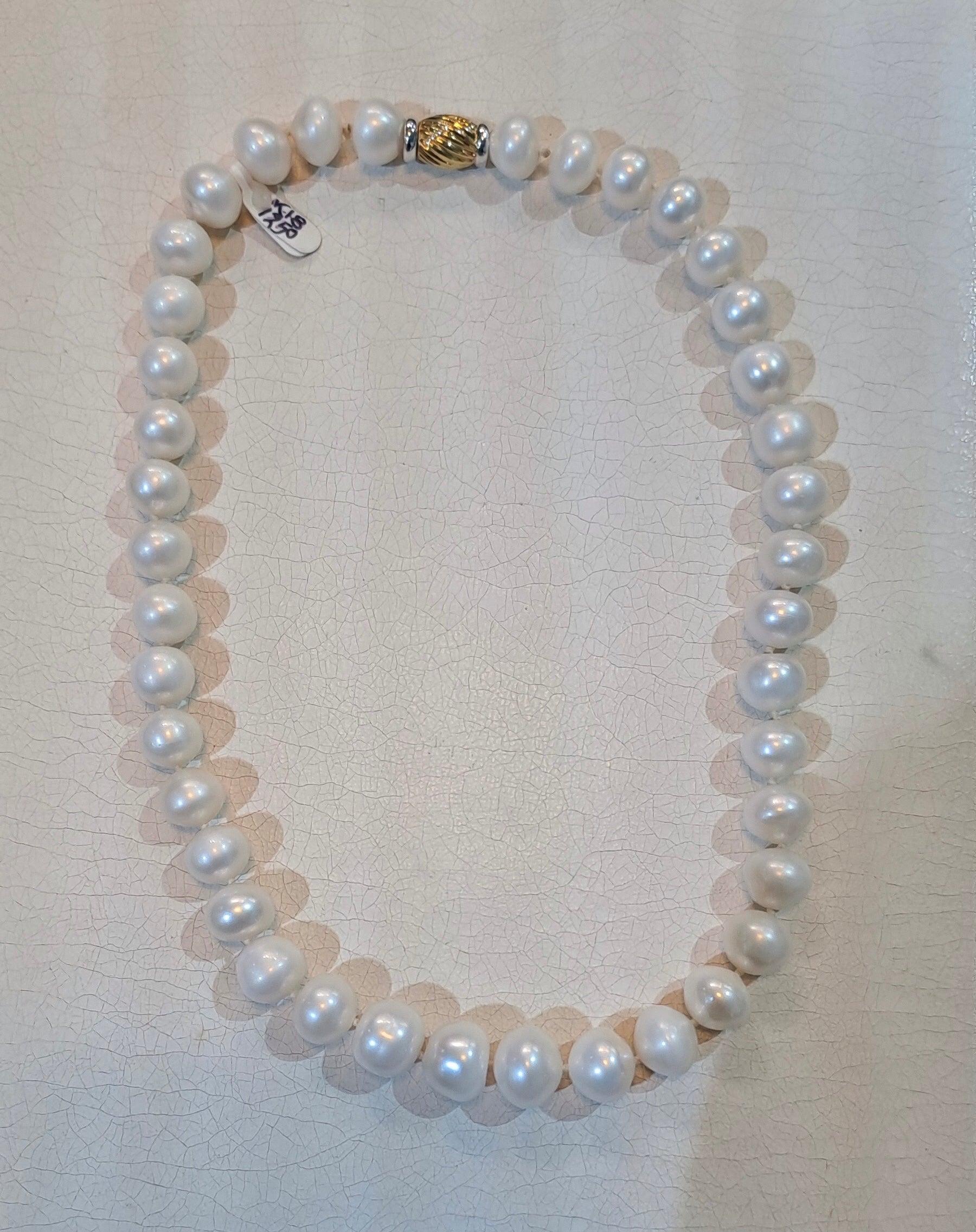 Potato Shape Pearl Necklace, 14k Gold Closure, Elegant White Gold Jewelry (DV PE-92)