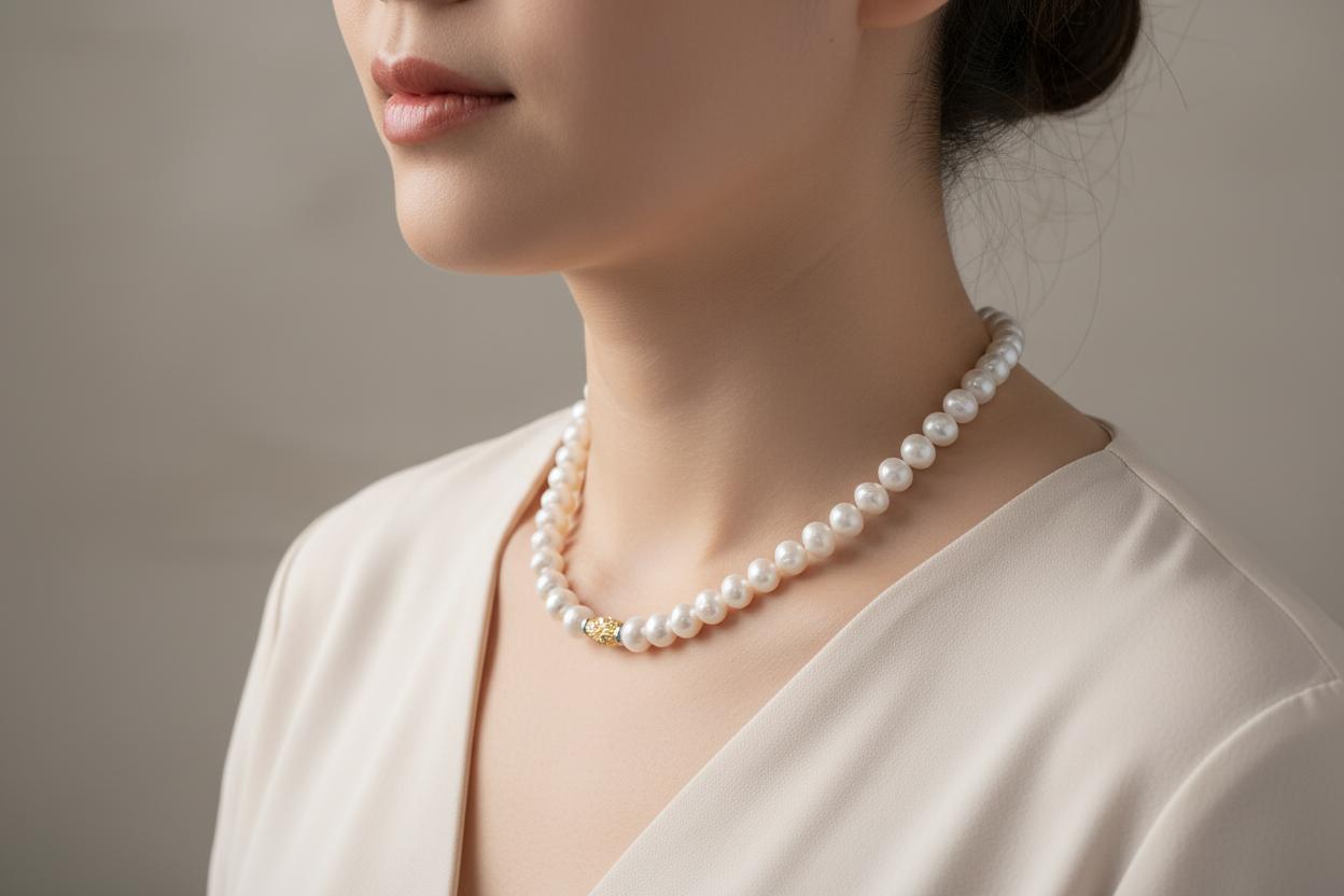 Potato Shape Pearl Necklace, 14k Gold Closure, Elegant White Gold Jewelry (DV PE-92)