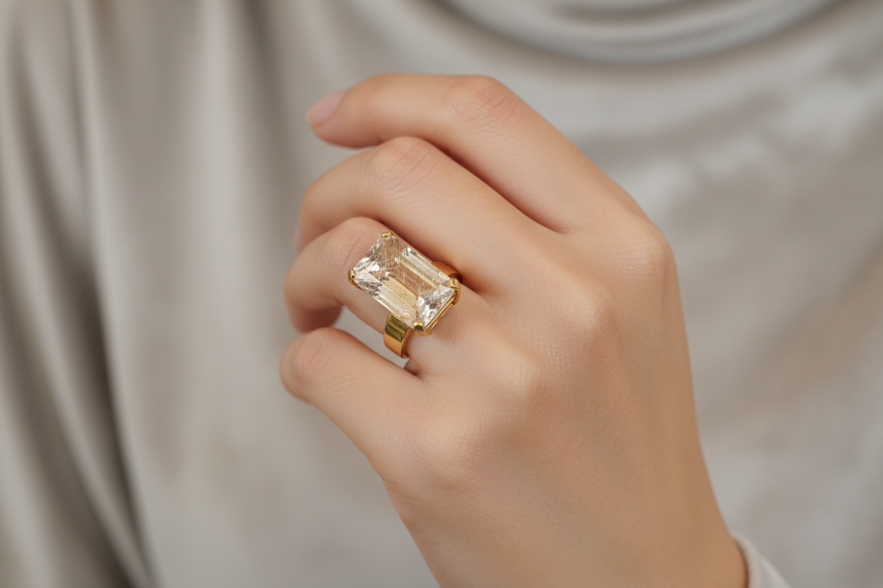 Ring in 18k Gold with a faceted rutile quartz stone (B-56)