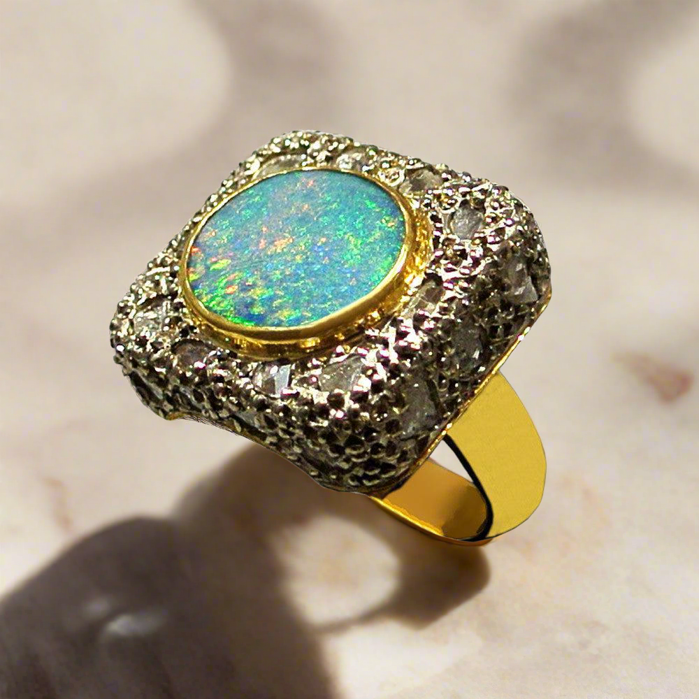 Ring in 18k Gold with an Australian bulder opal and diamonds chips (B-15) - Dinos-Virginia