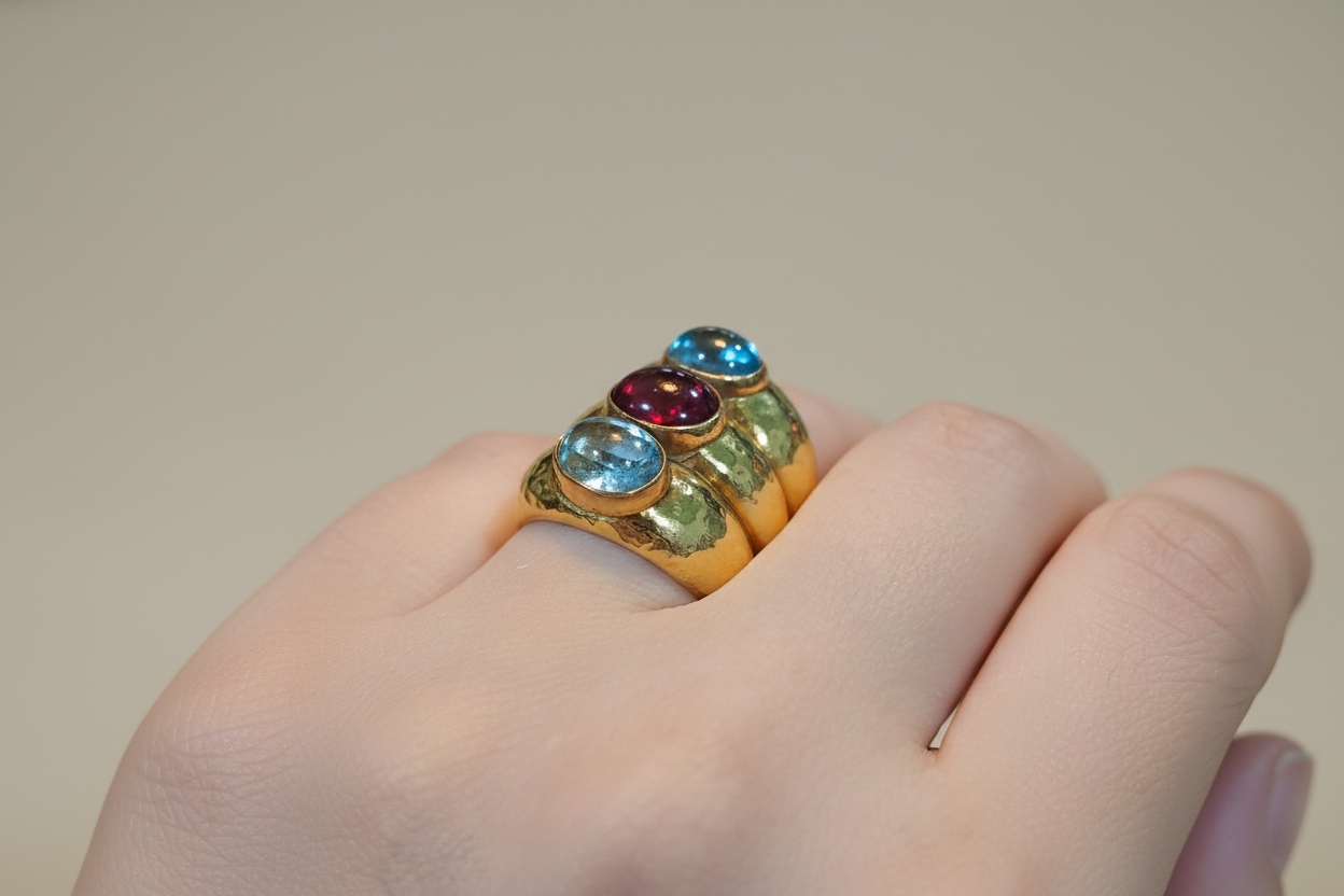 Ring in 18k Gold with red tourmaline & aqua marina (B-96)