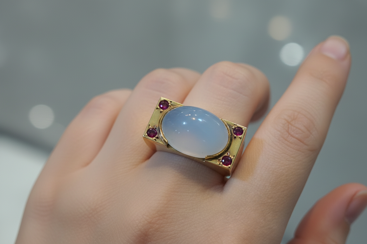Ring in 18k gold with Chalcedony and rubies (B-133)