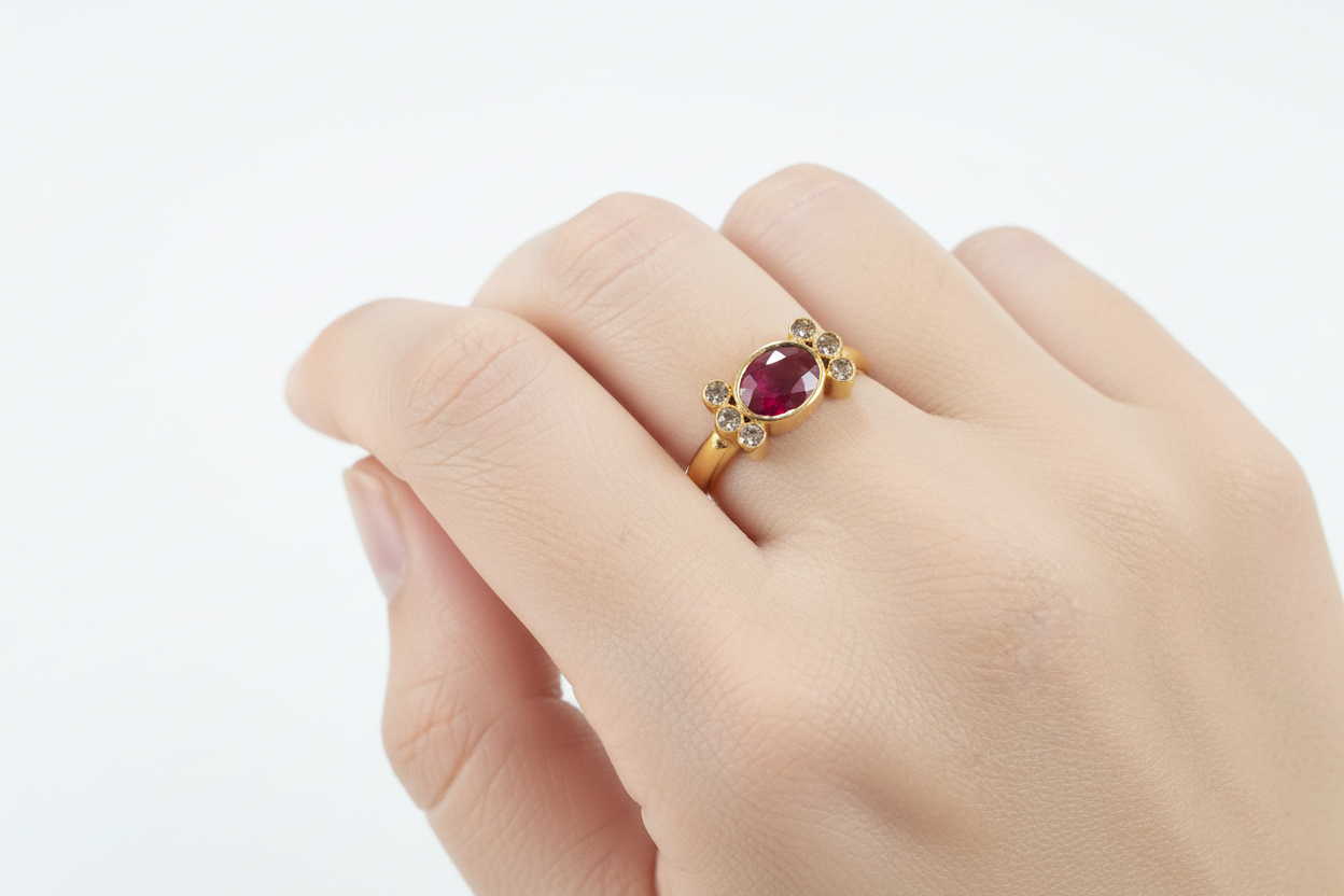 Ring in 18k gold with a ruby and brilliants (B-123)