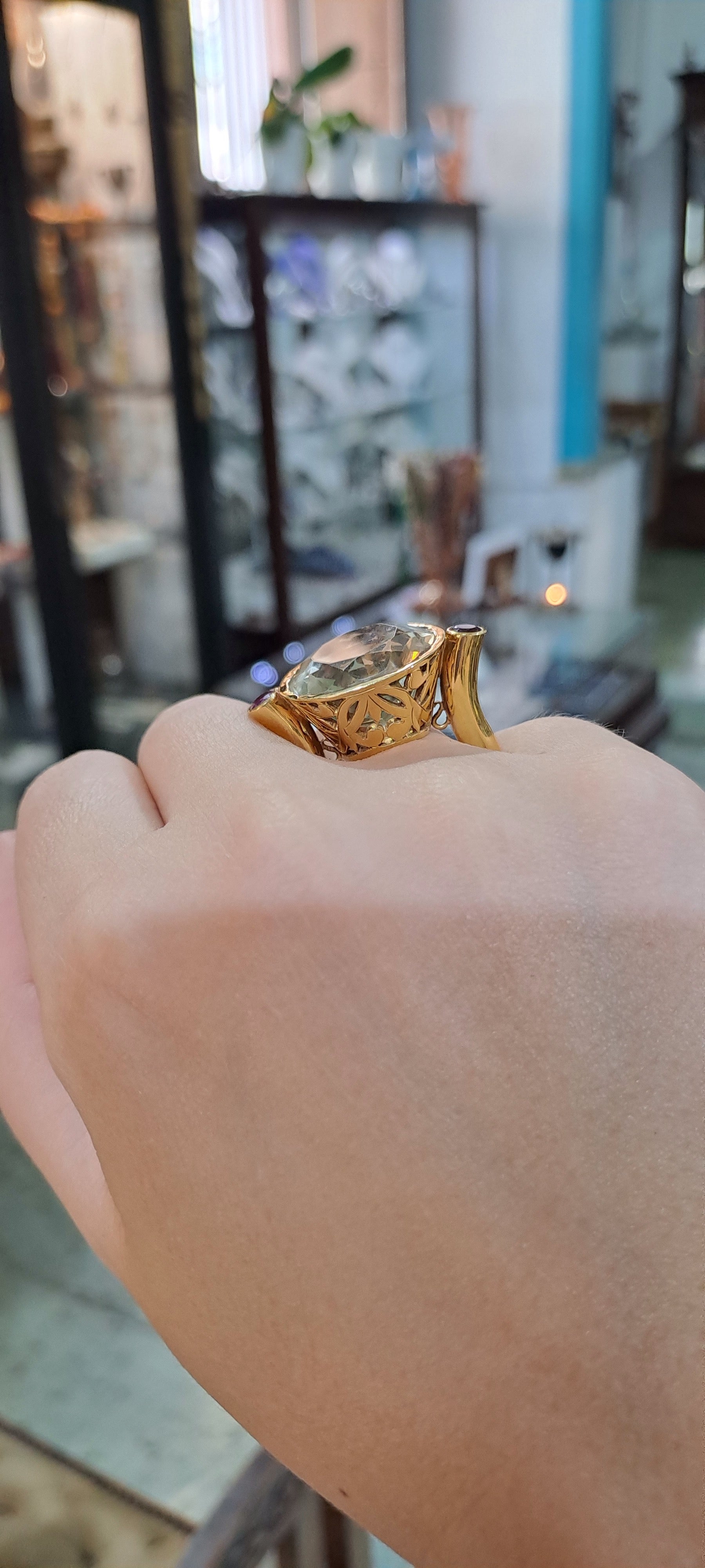 Ring in 18k with Lemon Topaz and Rubies, perforated gold, one of a kind ring (B-128) - Dinos-Virginia