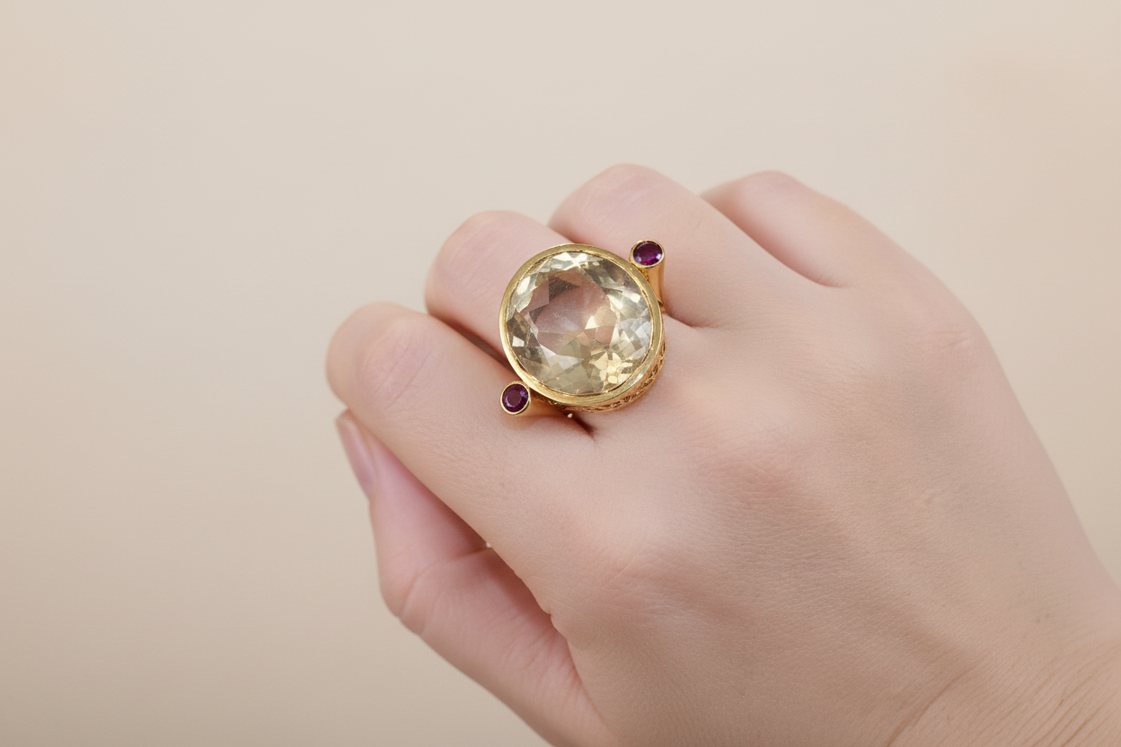 Ring in 18k with Lemon Topaz and Rubies, perforated gold, one of a kind ring (B-128)