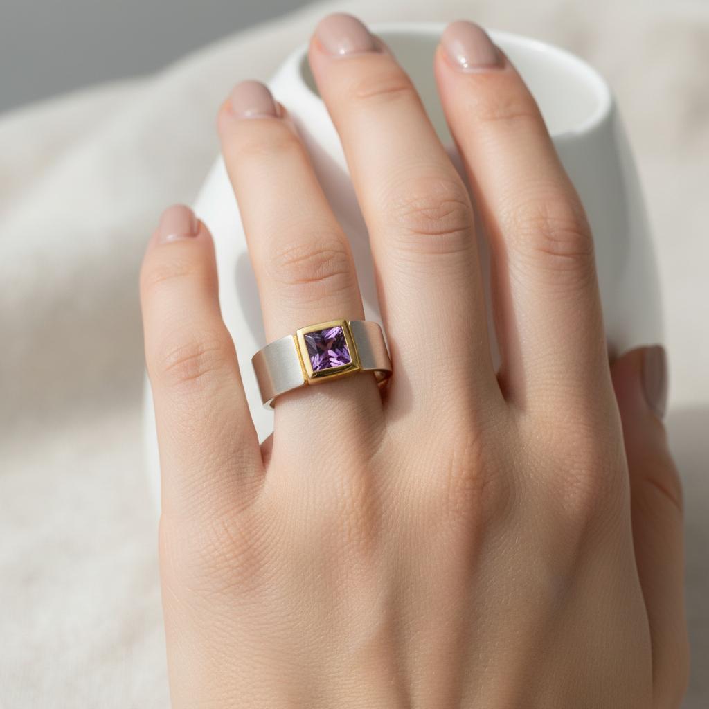 Ring in Sterling Silver with a Purple Zircon and Gold 14k (DX-31)