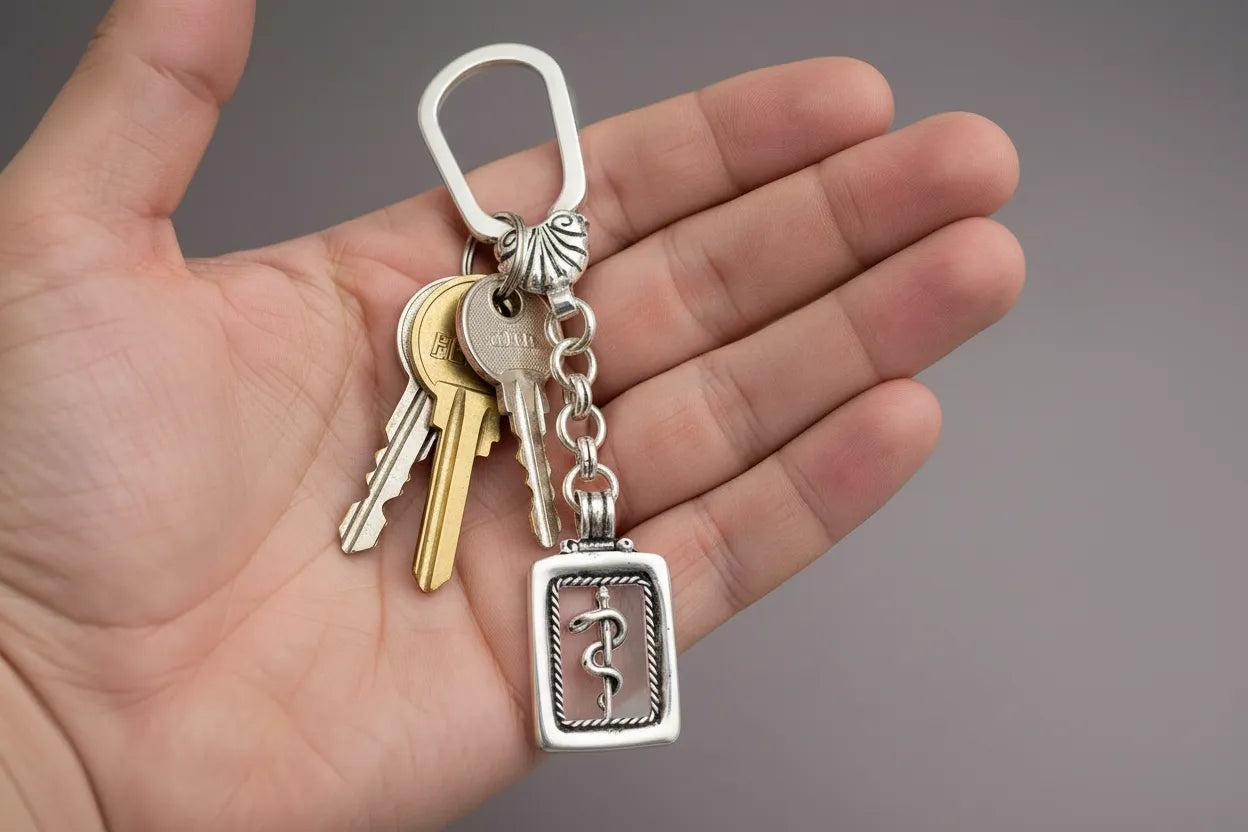 Rod of Asclepius Greek Key ring in sterling silver (MP-10)