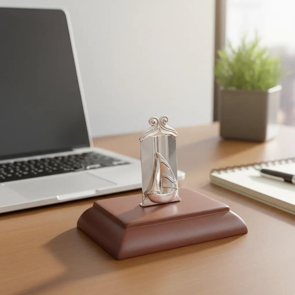 Sailboat Desk business card holder display in sterling silver