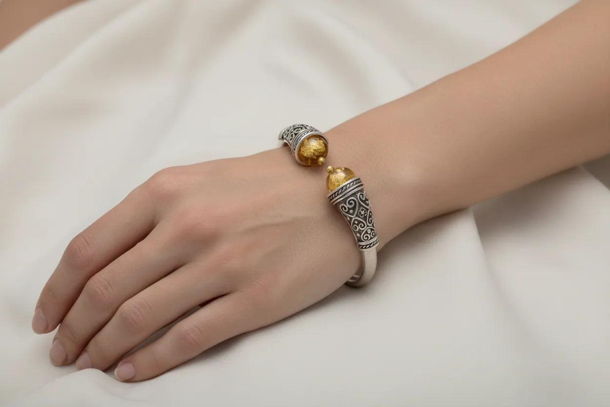 Spiral Cuff Bracelet in sterling silver with glass gold foil stone (B-115)