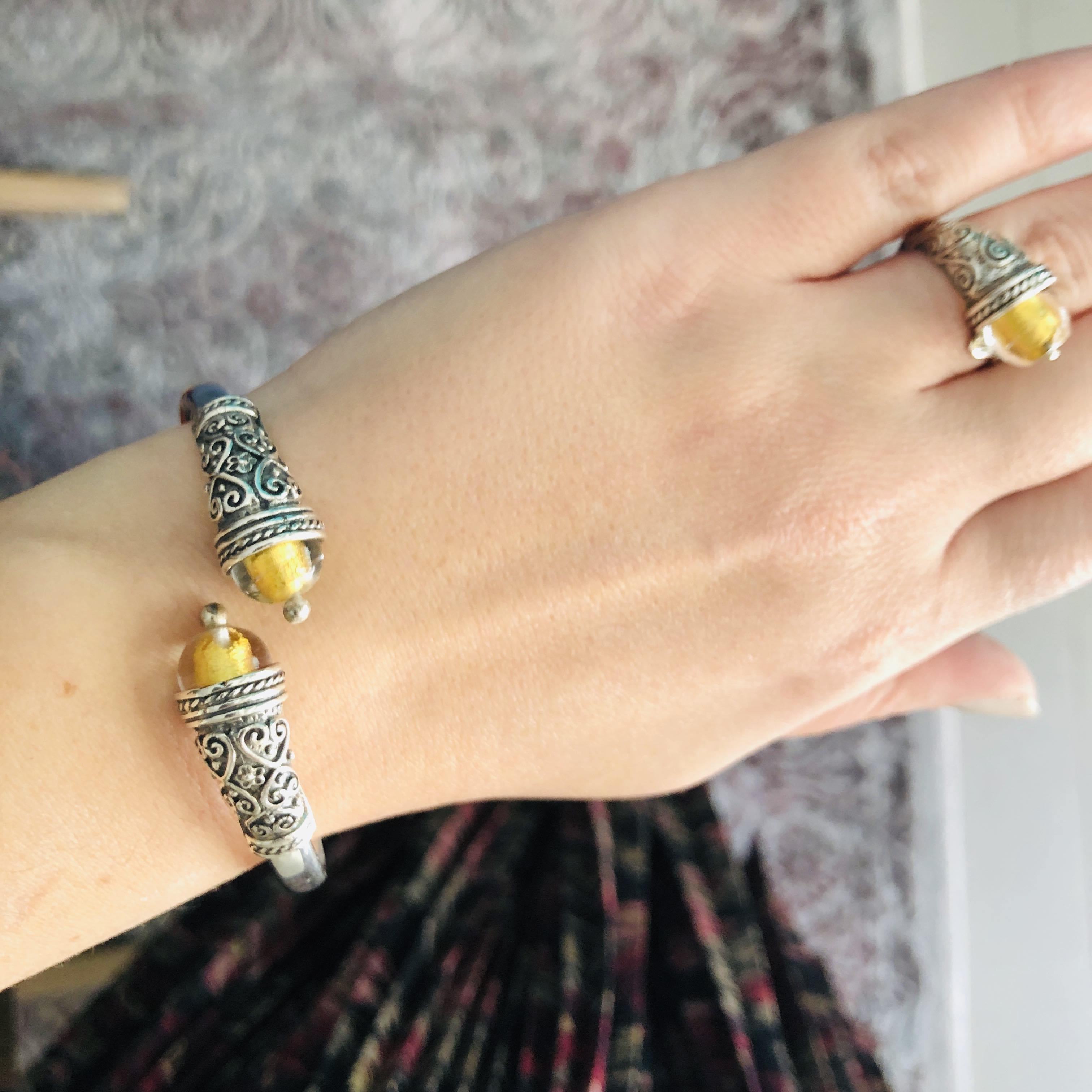 Spiral Cuff Bracelet in sterling silver with glass gold foil stone (B-115) - ELEFTHERIOU EL